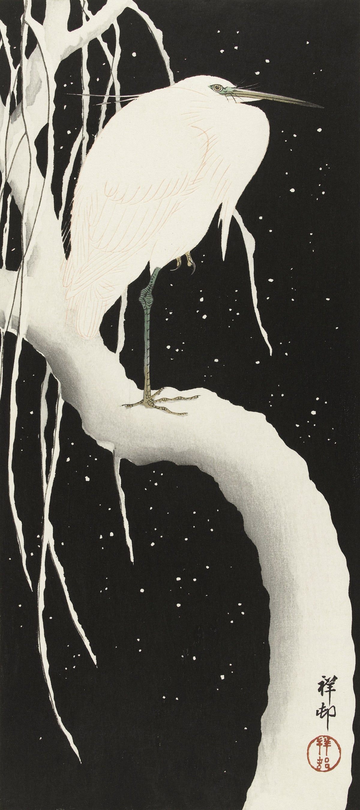 Ohara Koson — Heron in Snow (Willow at Night) | Japanese Bird & Flower Woodblock Print