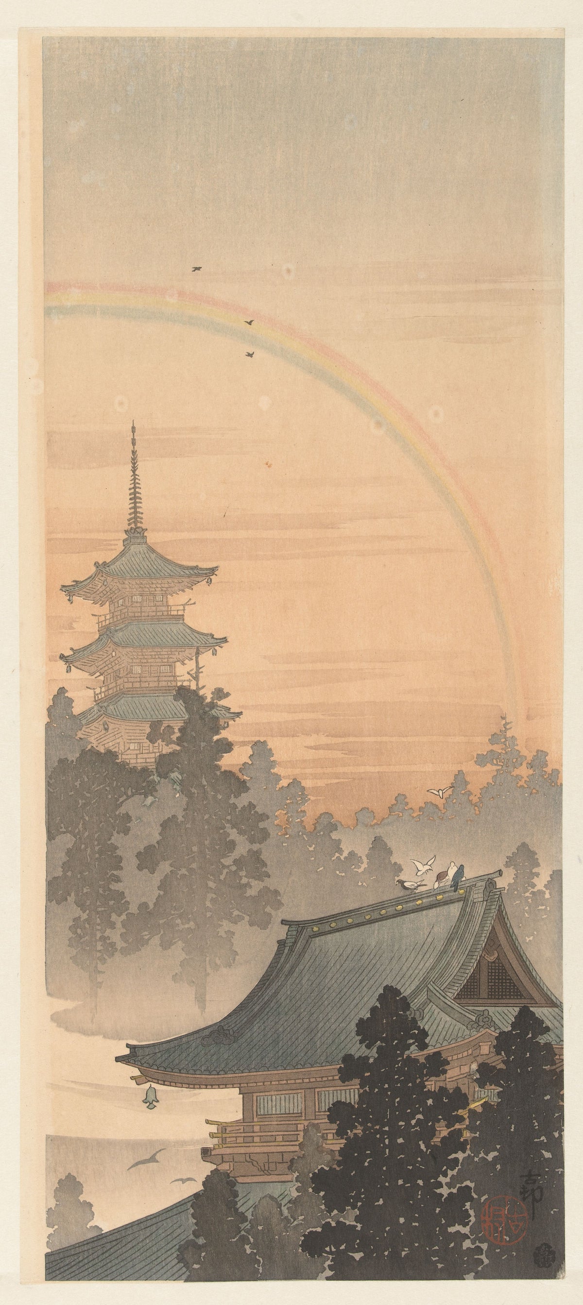Ohara Koson — Pagoda and Rainbow | Japanese Woodblock Print (Shin Hanga)