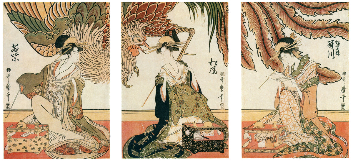 Kitagawa Utamaro — Three Beauties of Matsubaro on Display: Wakamurasaki, Matsukaze, Utagawa | Japanese Woodblock Print (Ukiyo-e)