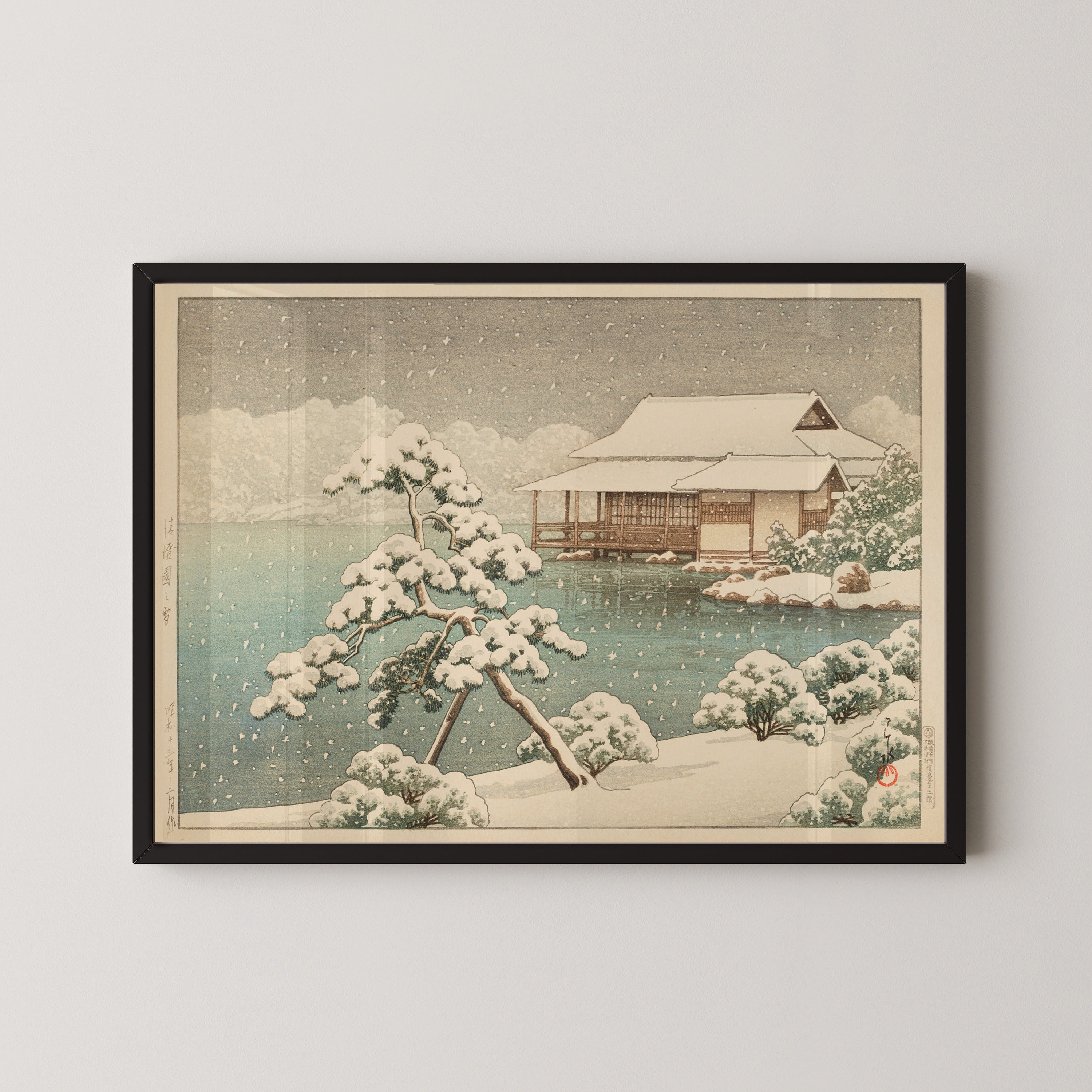 Kawase Hasui — Snow at Kiyosumi Garden | Japanese Woodblock Print (Shin Hanga)