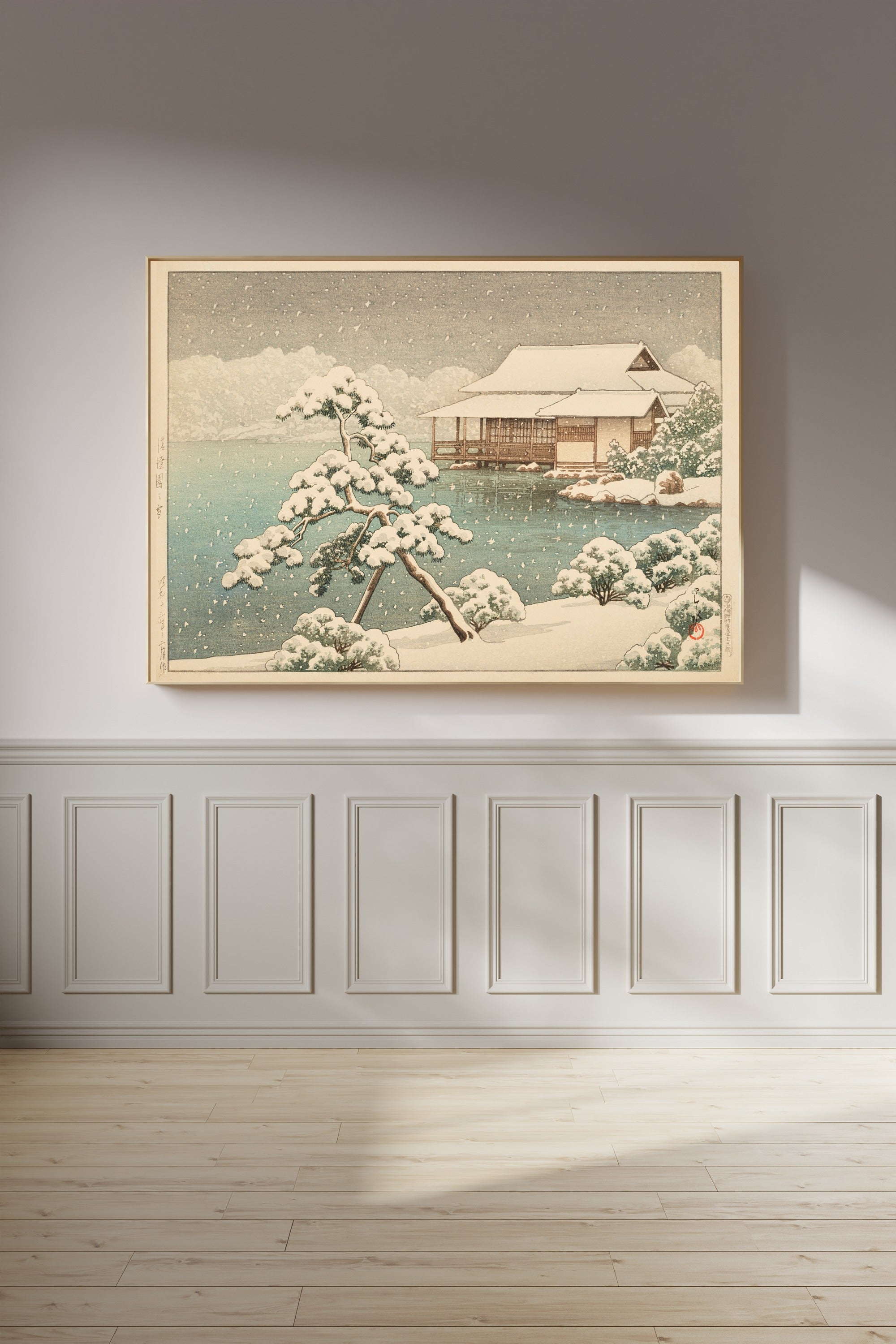 Kawase Hasui — Snow at Kiyosumi Garden | Japanese Woodblock Print (Shin Hanga)