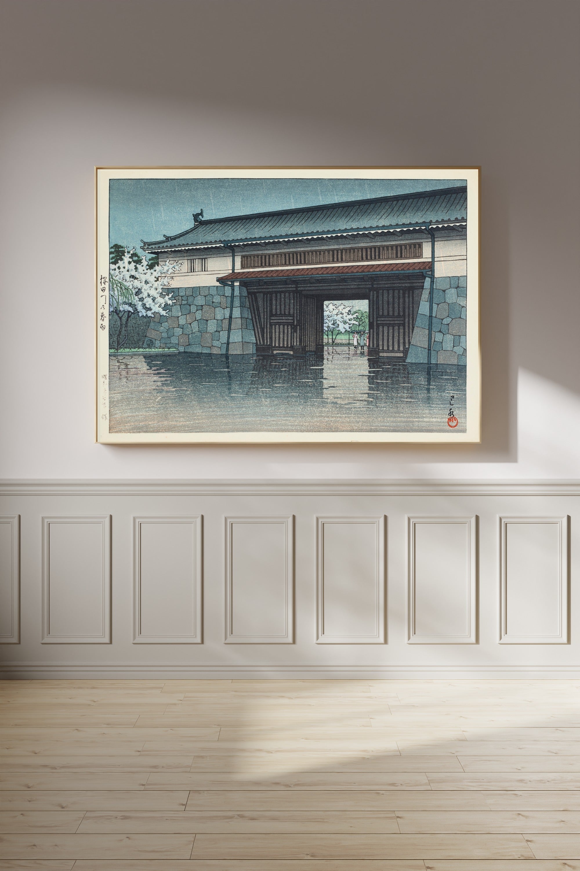 Kawase Hasui — Spring Rain at Sakurada Gate | Japanese Woodblock Print (Shin Hanga)