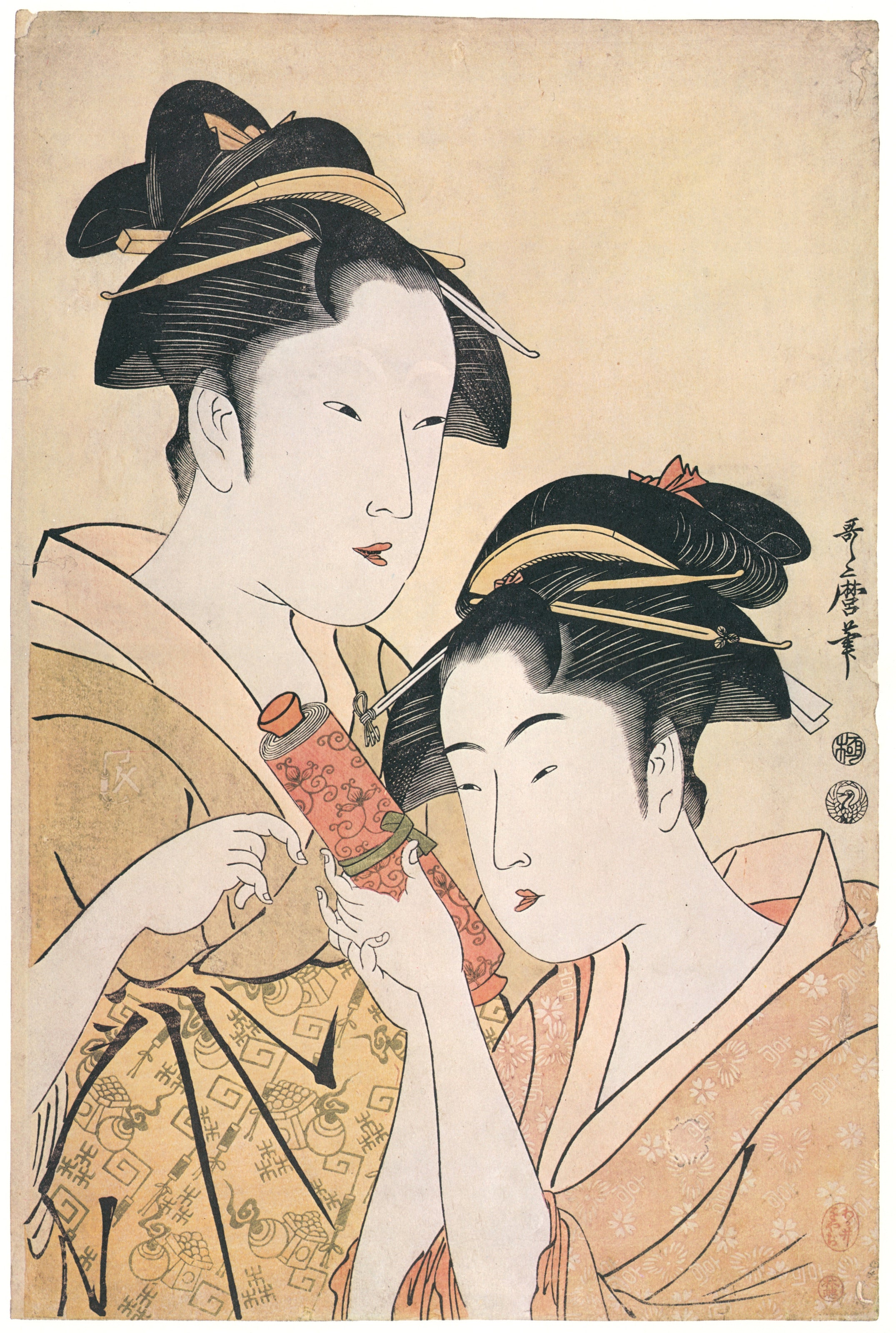 Kitagawa Utamaro — Osen of the Kagiya Giving a Scroll to Takashima Ohisa | Japanese Woodblock Print (Ukiyo-e)