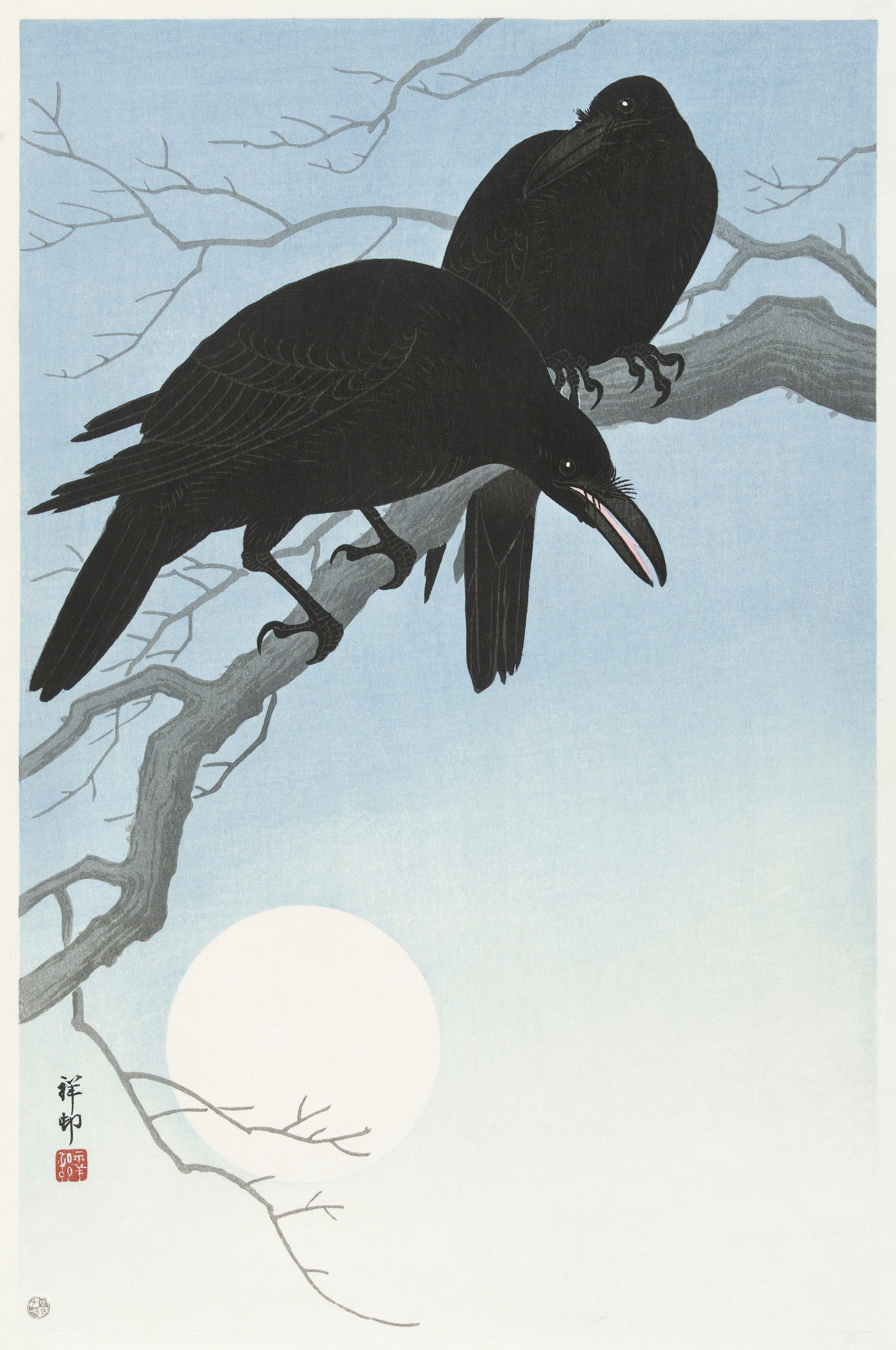 Ohara Koson — Two Crows on a Branch | Japanese Bird & Flower Woodblock Print