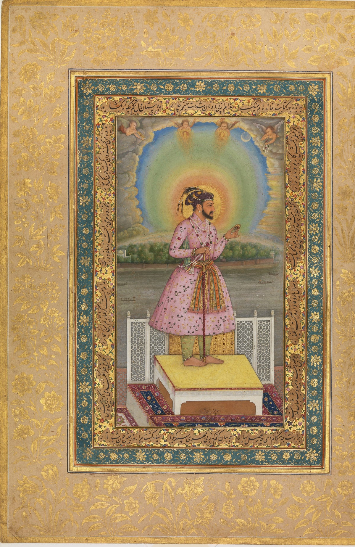 Chitarman — Shah Jahan on a Terrace, Holding a Pendant Set With His Portrait | Mughal Painting Art Print