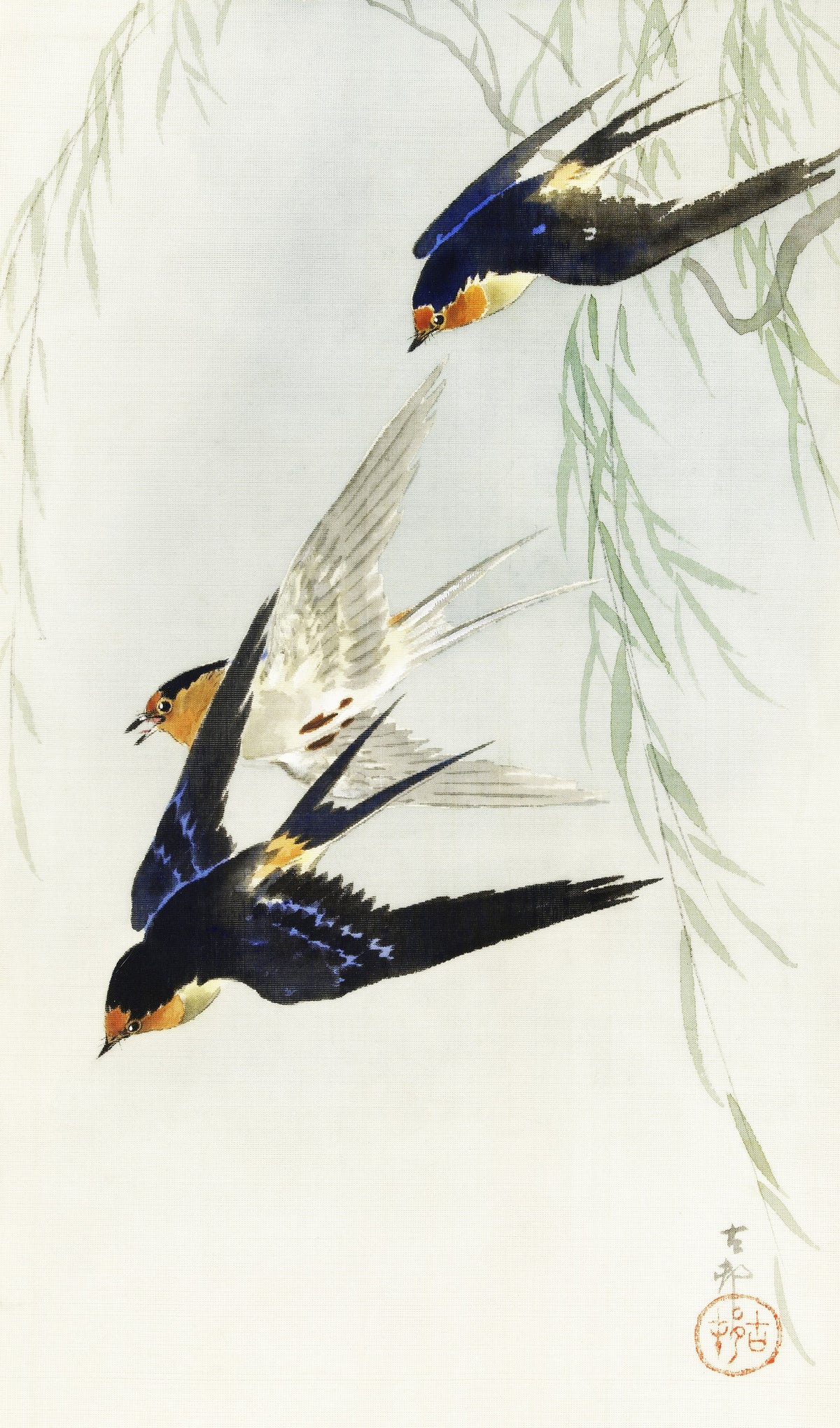 Ohara Koson — Three Birds in Full Flight | Japanese Bird & Flower Woodblock Print