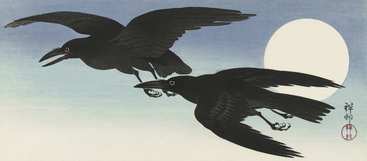 Ohara Koson — Crows at Full Moon (Two Crows in Flight) | Japanese Bird & Flower Woodblock Print