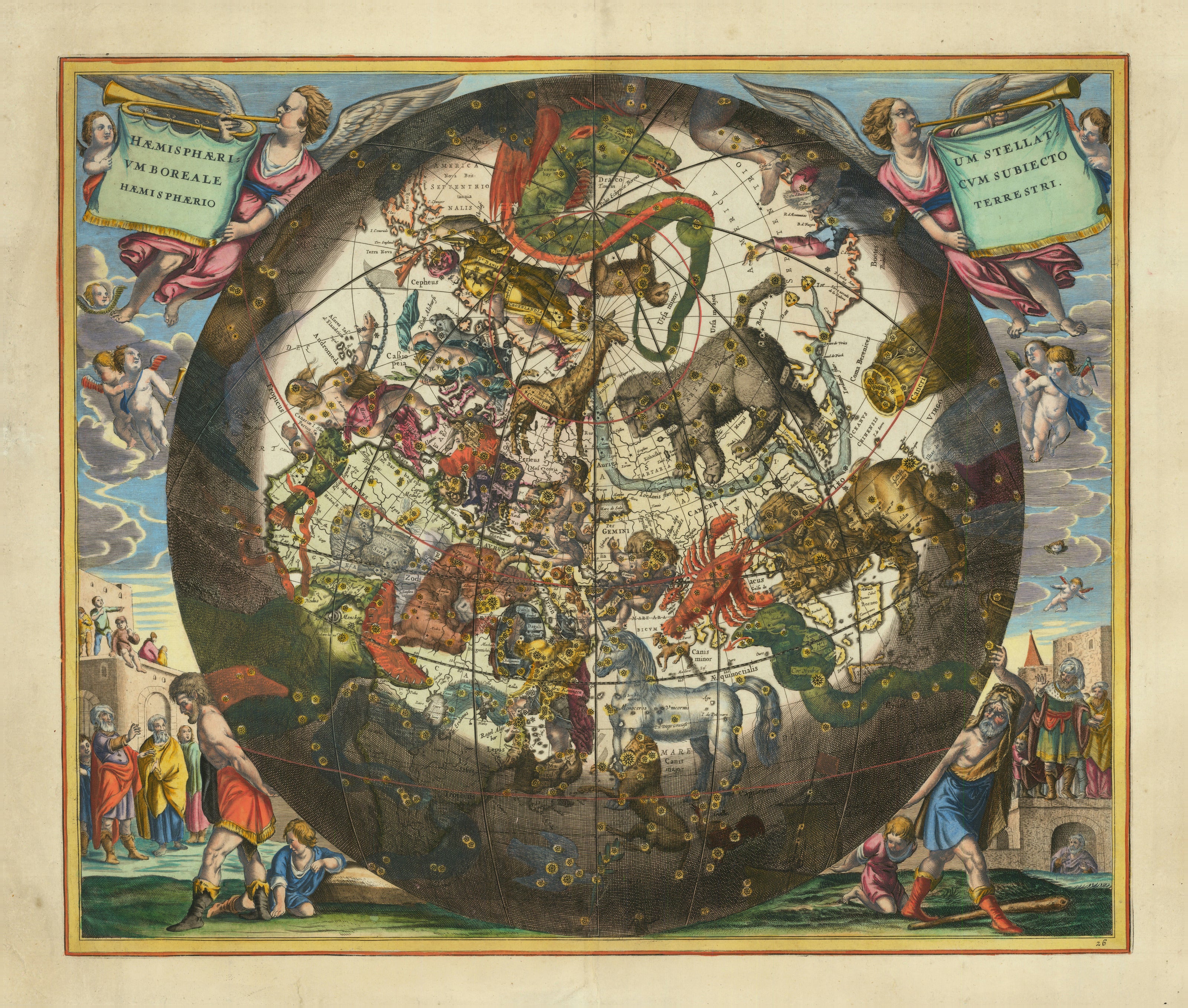 Andreas Cellarius — The Northern Starry Hemisphere over the Earth (Plate 26, Olive Colouring) | Celestial Map Print
