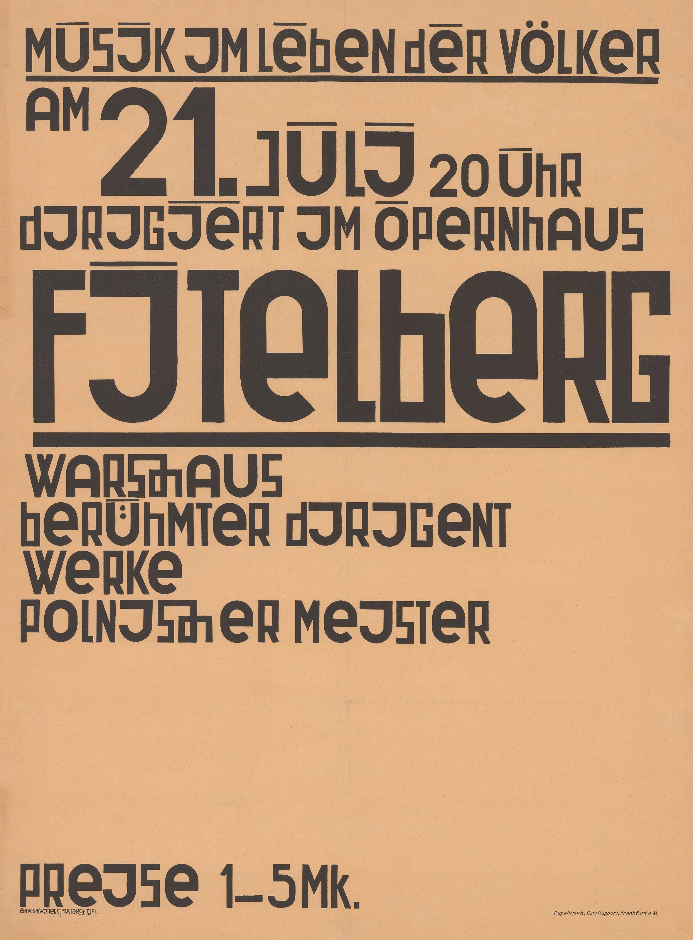 Kurt Schwitters — Musik im Leben der Völker, am 21. Juli 20 Uhr dirigiert im Opernhaus Fitelberg, Warschaus berühmter Dirigent, Werke polnischer Meister, Preise 1–5 Mk. | Fine Art Print