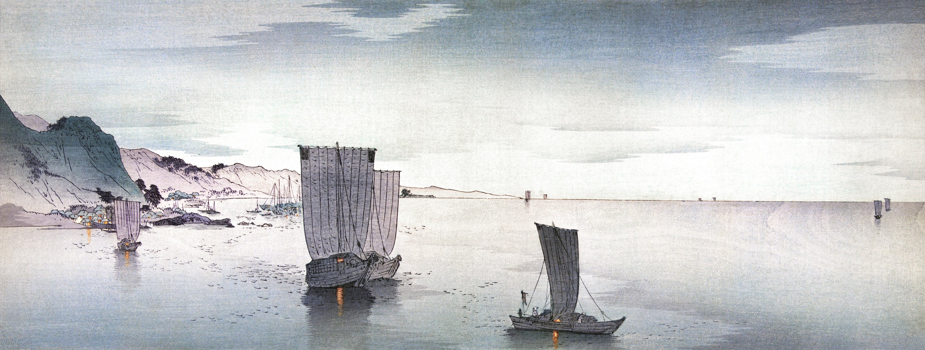 Ohara Koson — Sailing Boats at Dusk (Yūgure no hansen) | Japanese Bird & Flower Woodblock Print