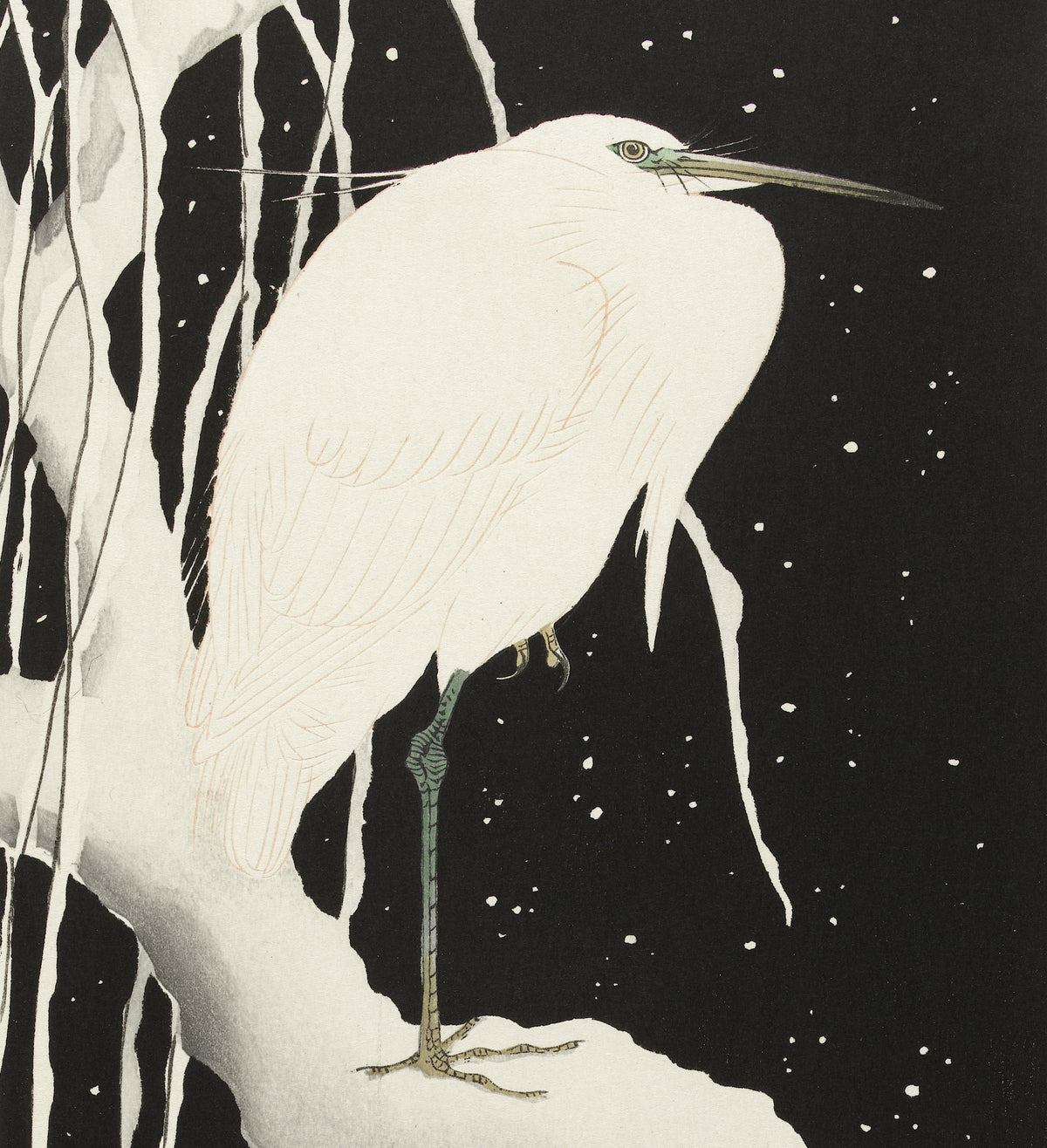 Ohara Koson — Heron in Snow (Black Ground) | Japanese Bird & Flower Woodblock Print