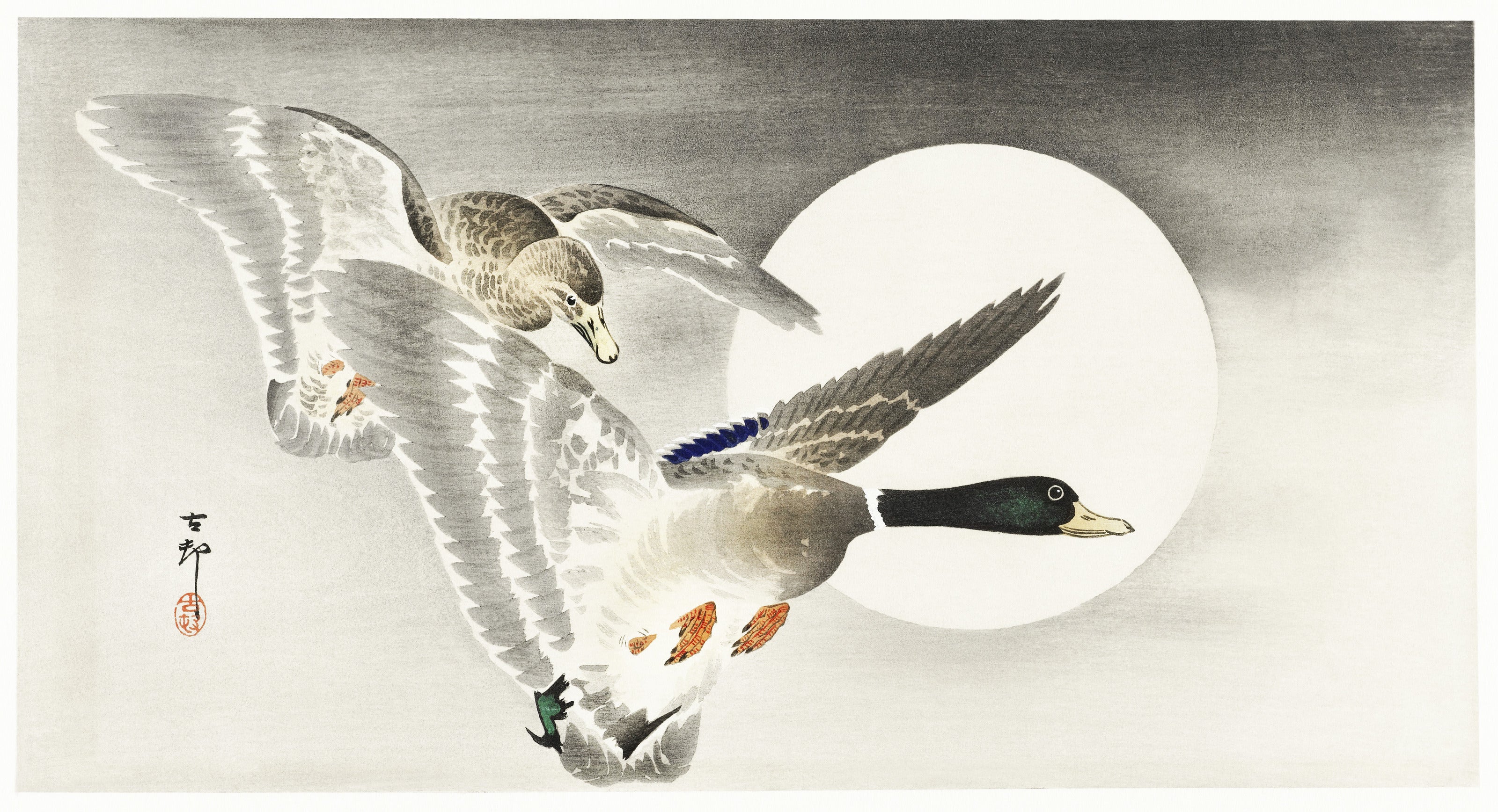 Ohara Koson — Two Ducks at Full Moon | Japanese Bird & Flower Woodblock Print