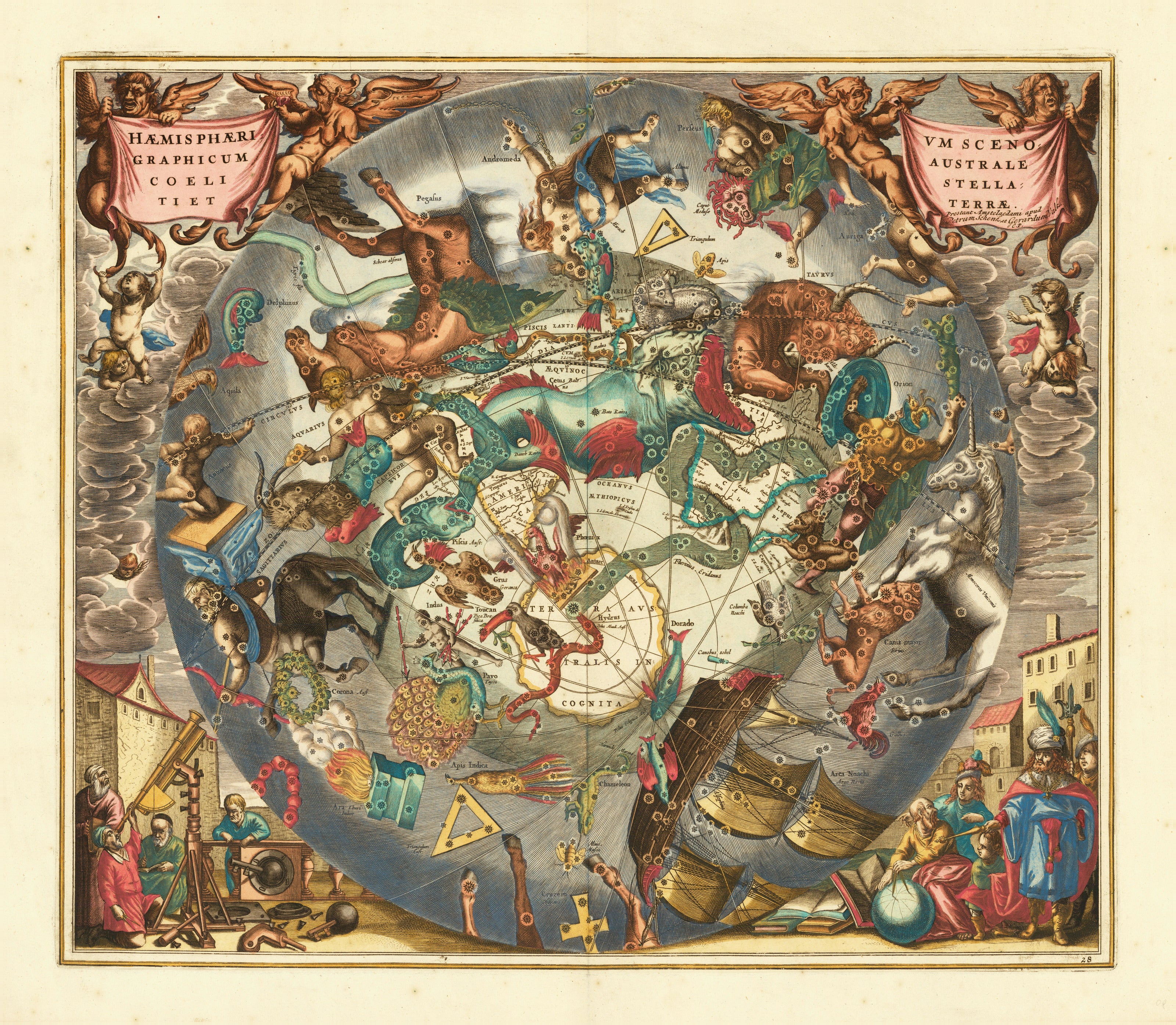 Andreas Cellarius — A Scenographic View of the Southern Heaven and Earth (Plate 28, Slate Colouring) | Celestial Map Print