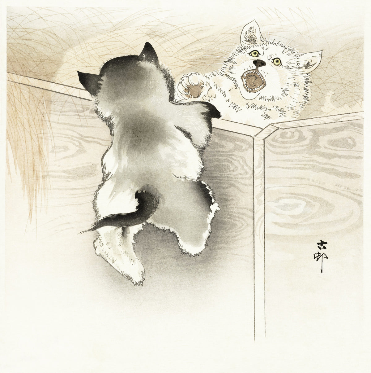 Ohara Koson — Two Playing Dogs | Japanese Woodblock Print (Shin Hanga)