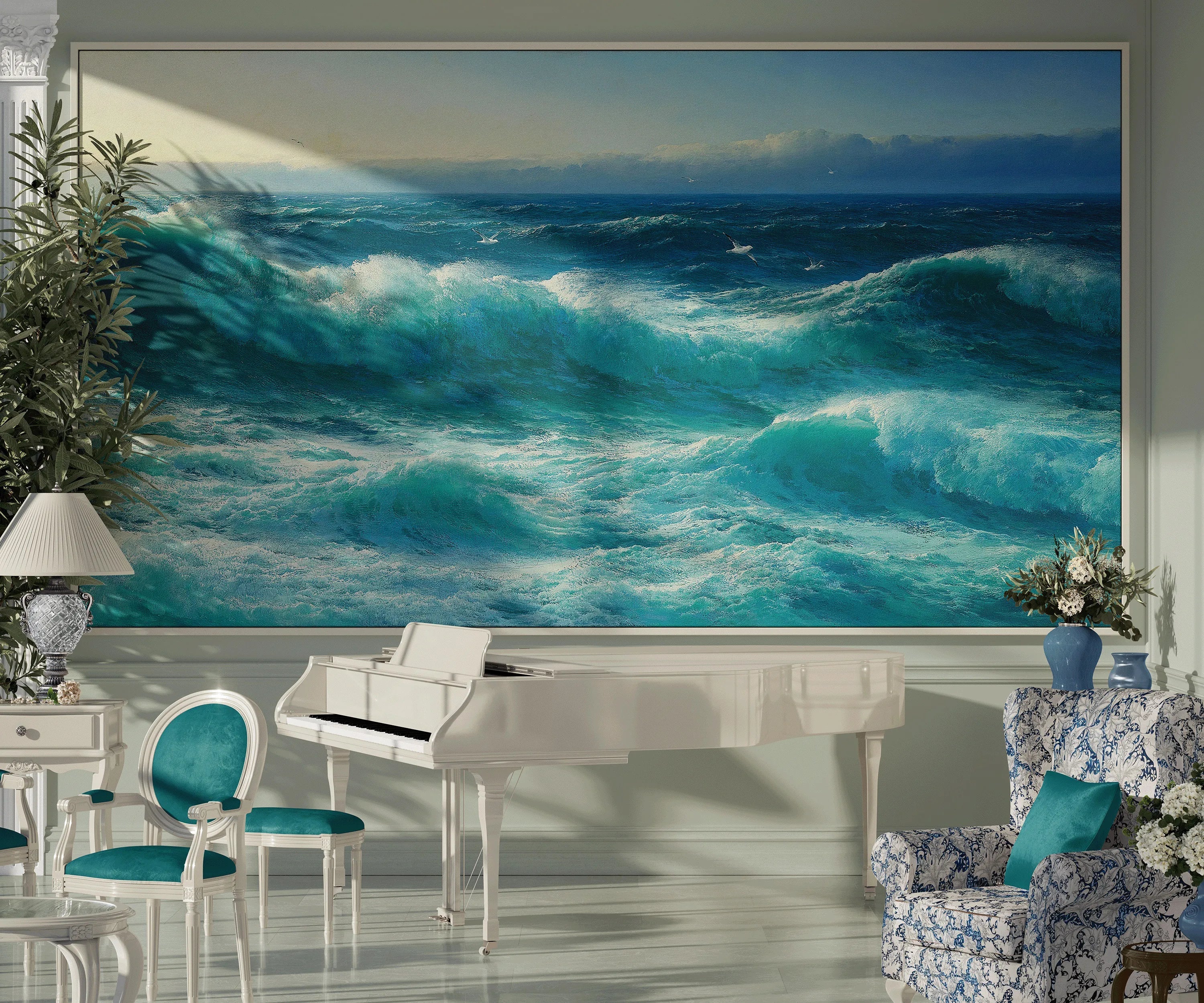 Cornish Seascape Print: David James Vintage Blue Ocean Waves (Framed or Unframed) - 9ArtPrints