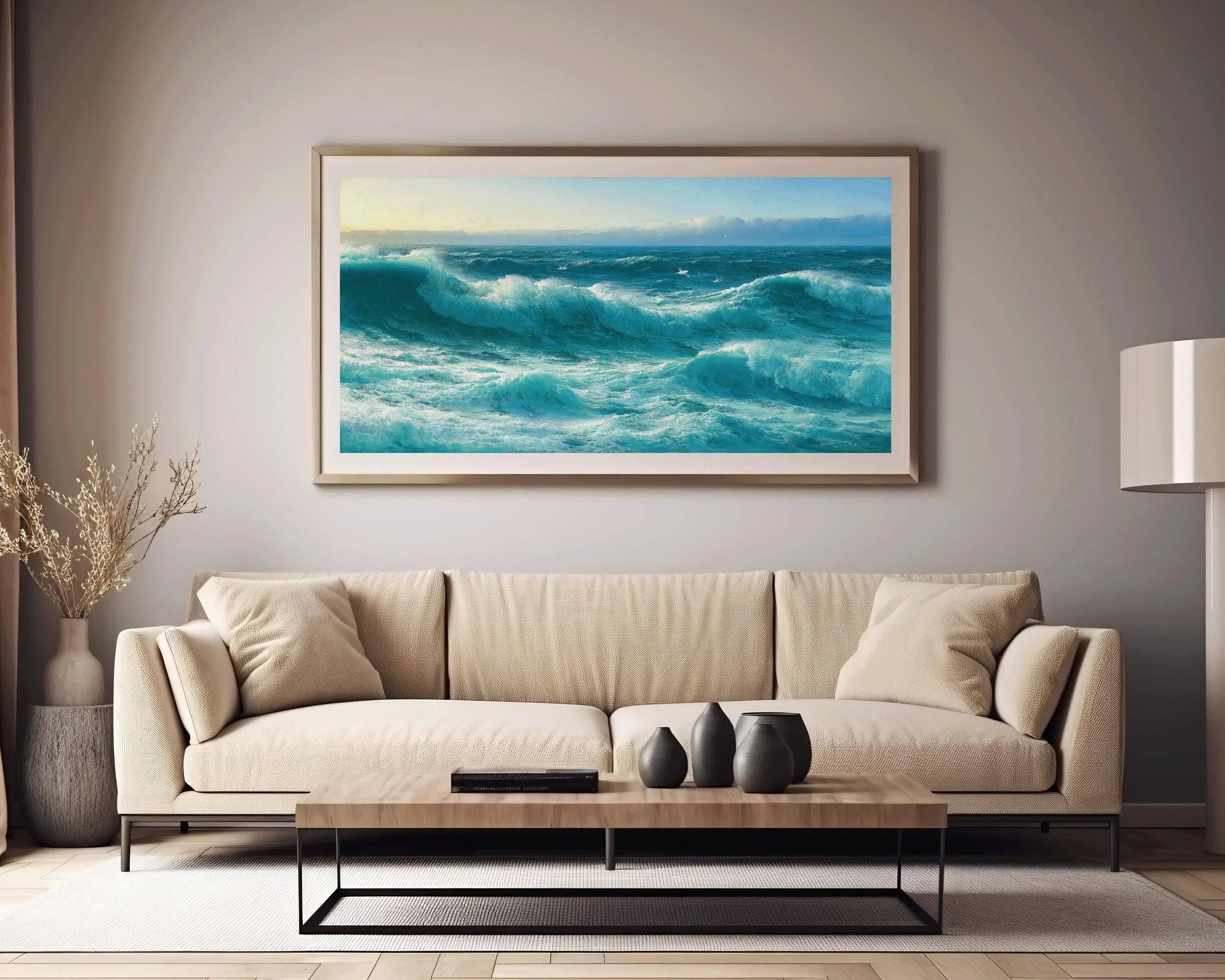 David James - Cornish Rollers | A Stunning Wide Panoramic English Seascape in Blue | Vintage Artwork (available framed or unframed) 2x1 - 9ArtPrints
