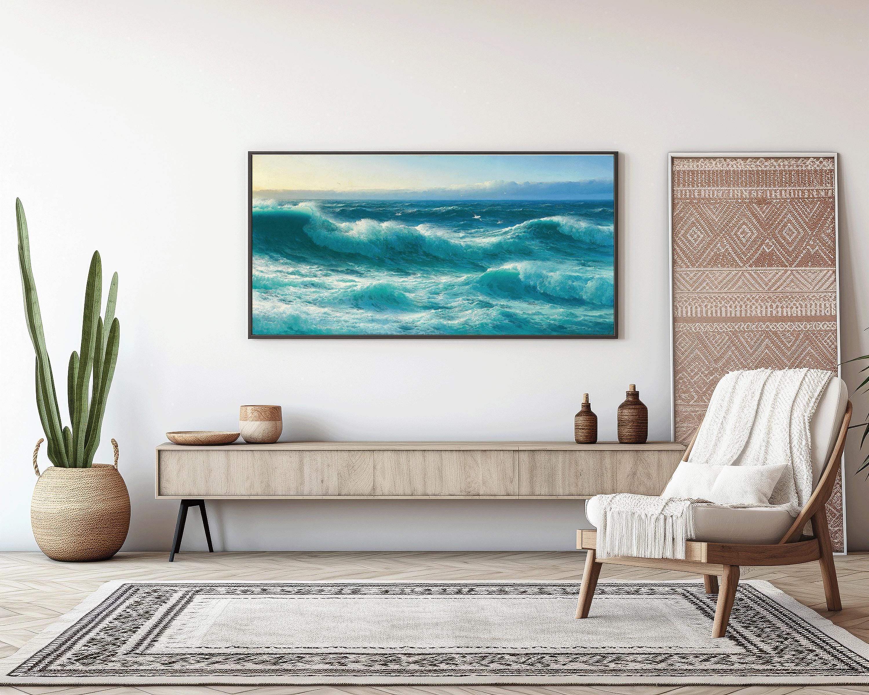 David James - Cornish Rollers | A Stunning Wide Panoramic English Seascape in Blue | Vintage Artwork (available framed or unframed) 2x1 - 9ArtPrints