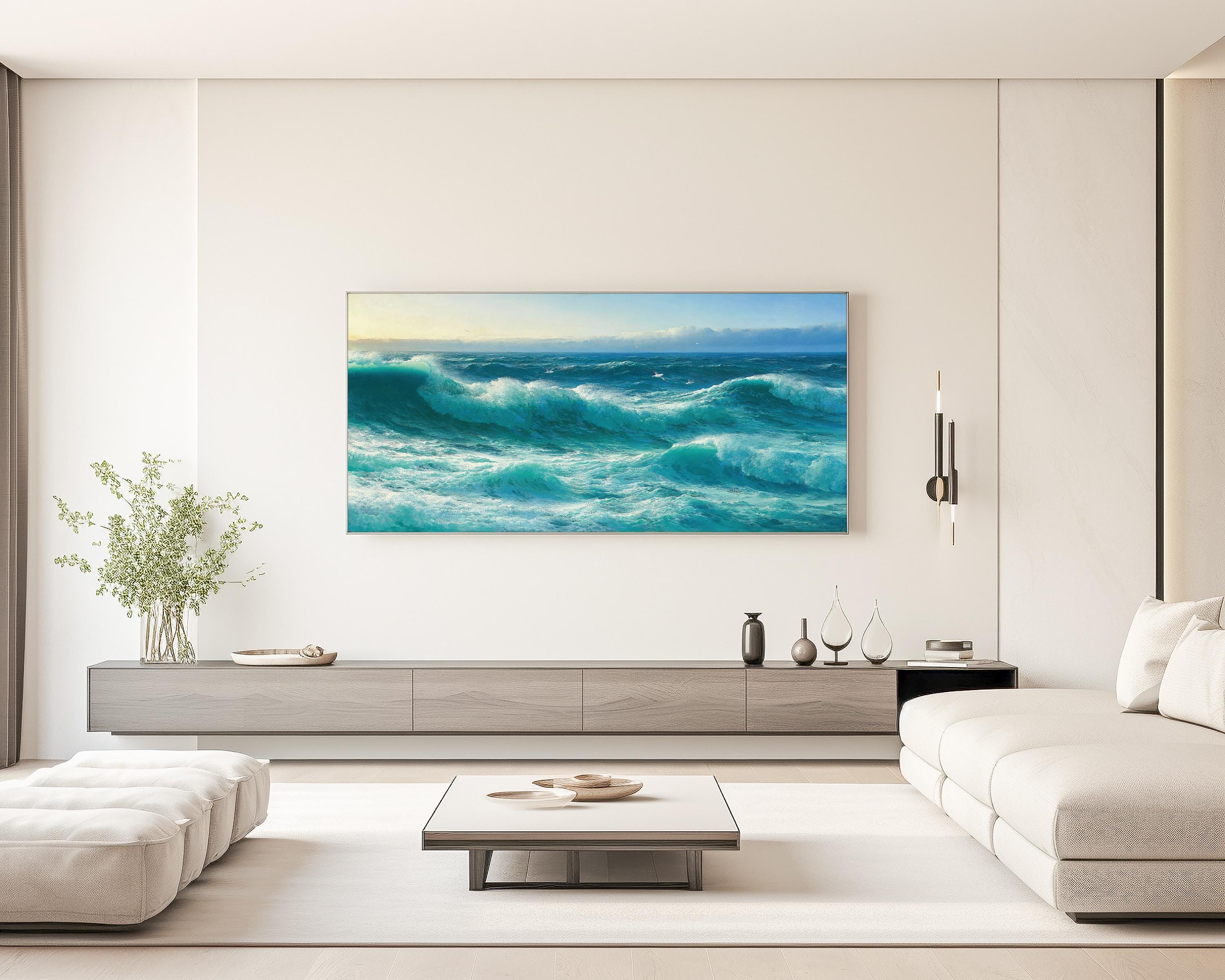 David James - Cornish Rollers | A Stunning Wide Panoramic English Seascape in Blue | Vintage Artwork (available framed or unframed) 2x1 - 9ArtPrints