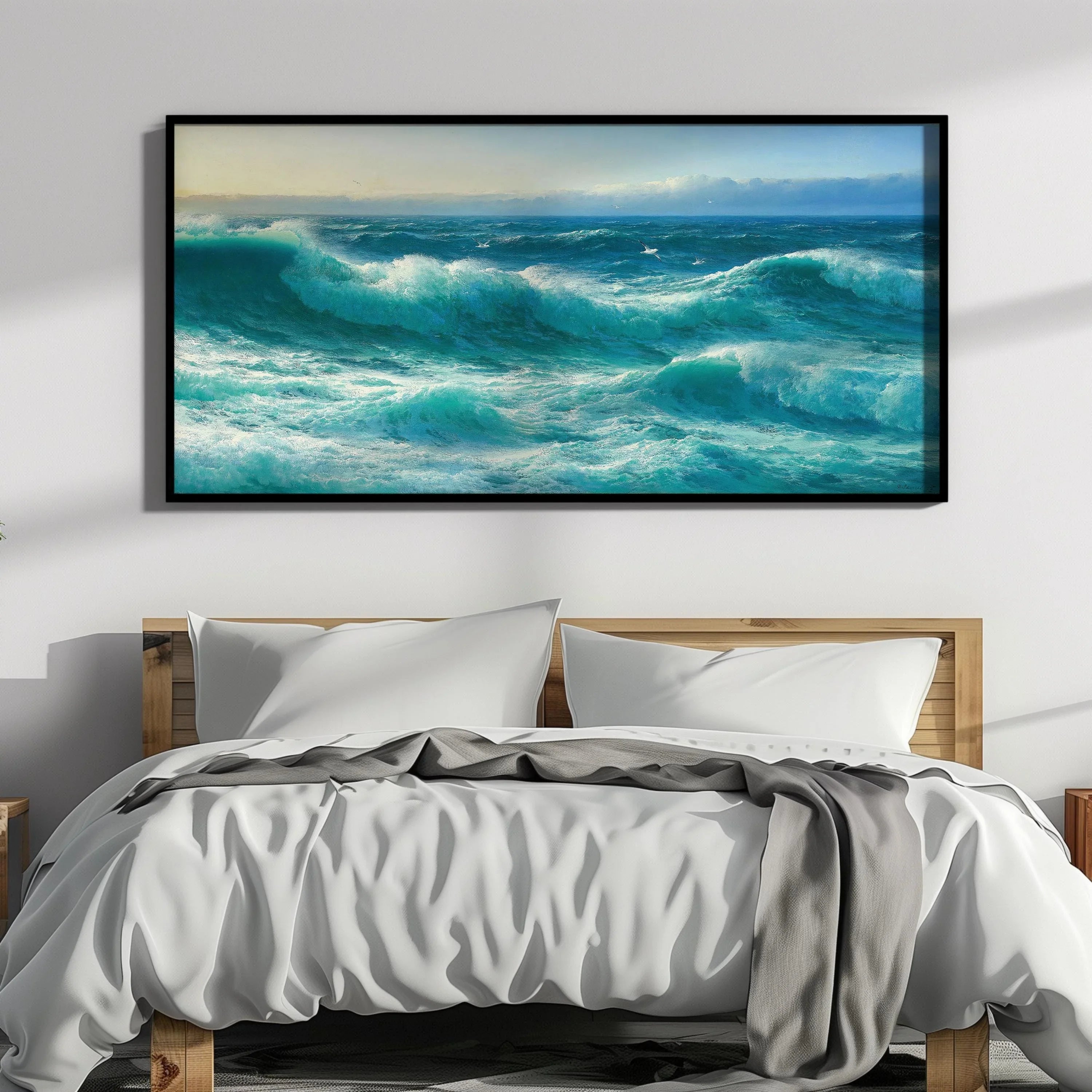 David James - Cornish Rollers | A Stunning Wide Panoramic English Seascape in Blue | Vintage Artwork (available framed or unframed) 2x1 - 9ArtPrints