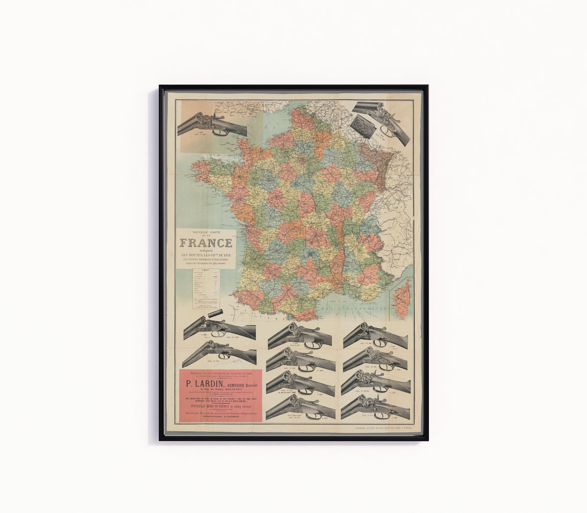 Framed art print of Shotgun Map of France by Dufrénoy, in a slim black frame on a plain white wall