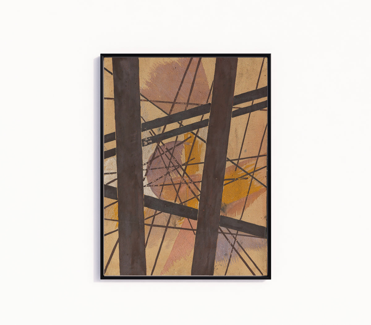 Framed art print of Raum-Kraft Komposition by Lyubov Popova, in a slim black frame on a plain white wall
