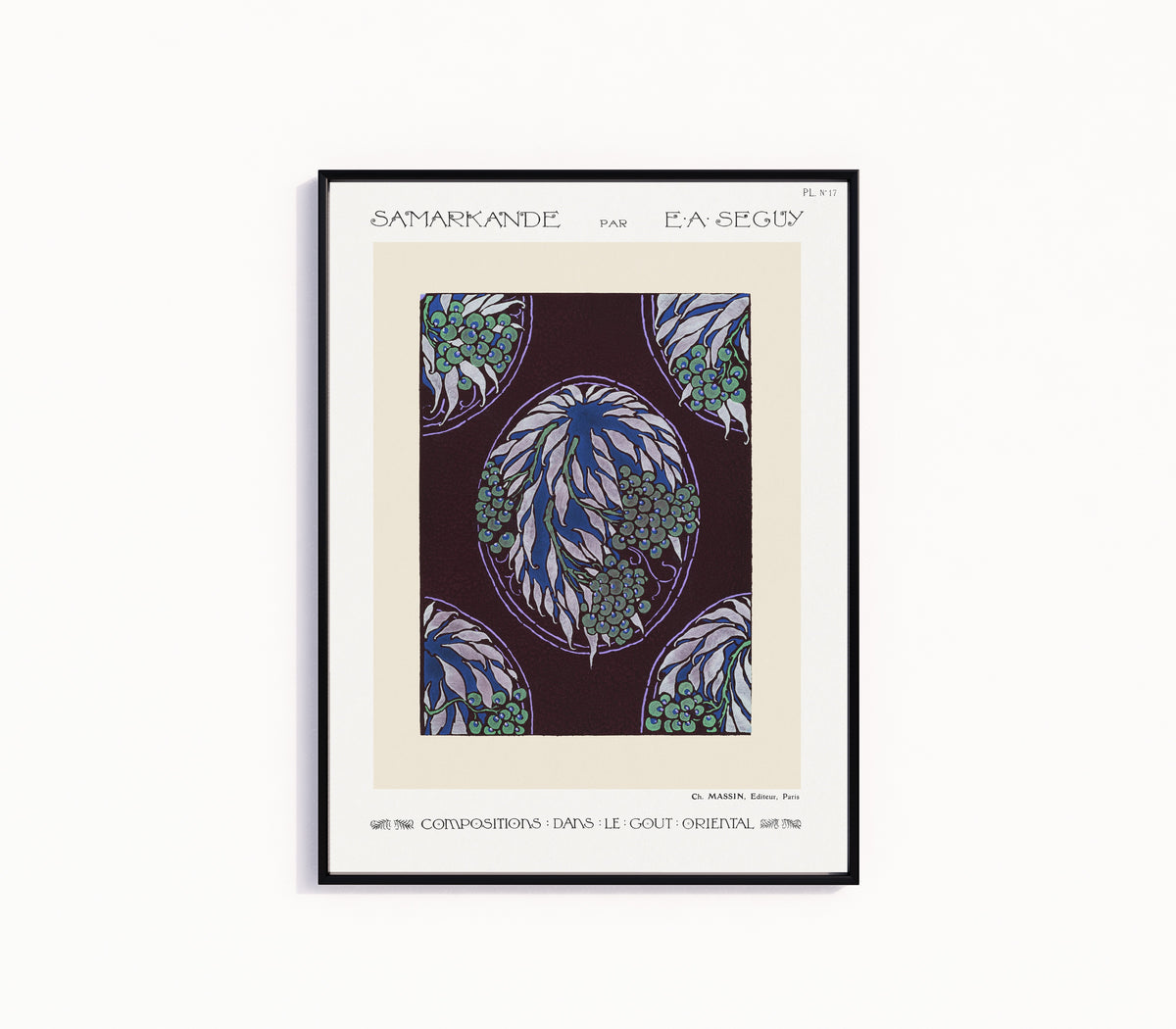 Framed art print of Samarkande, Plate 17 by E. A. Séguy, in a slim black frame on a plain white wall