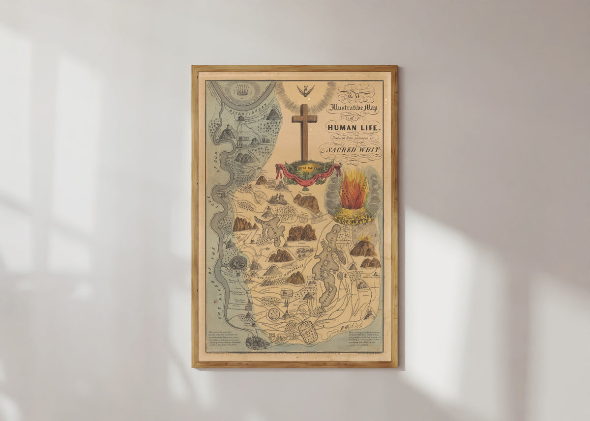 Framed art print of An Illustrative Map of Human Life Deduced from Passages in Sacred Writ by E.B. & E.C. Kellogg, in a light wood frame on a sunlit white wall