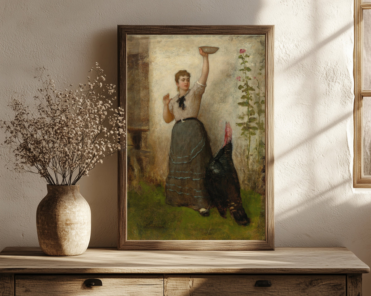 Framed art print of Feeding the Turkey by Eastman Johnson, in a dark wood frame leaning on a rustic console beside dried flowers