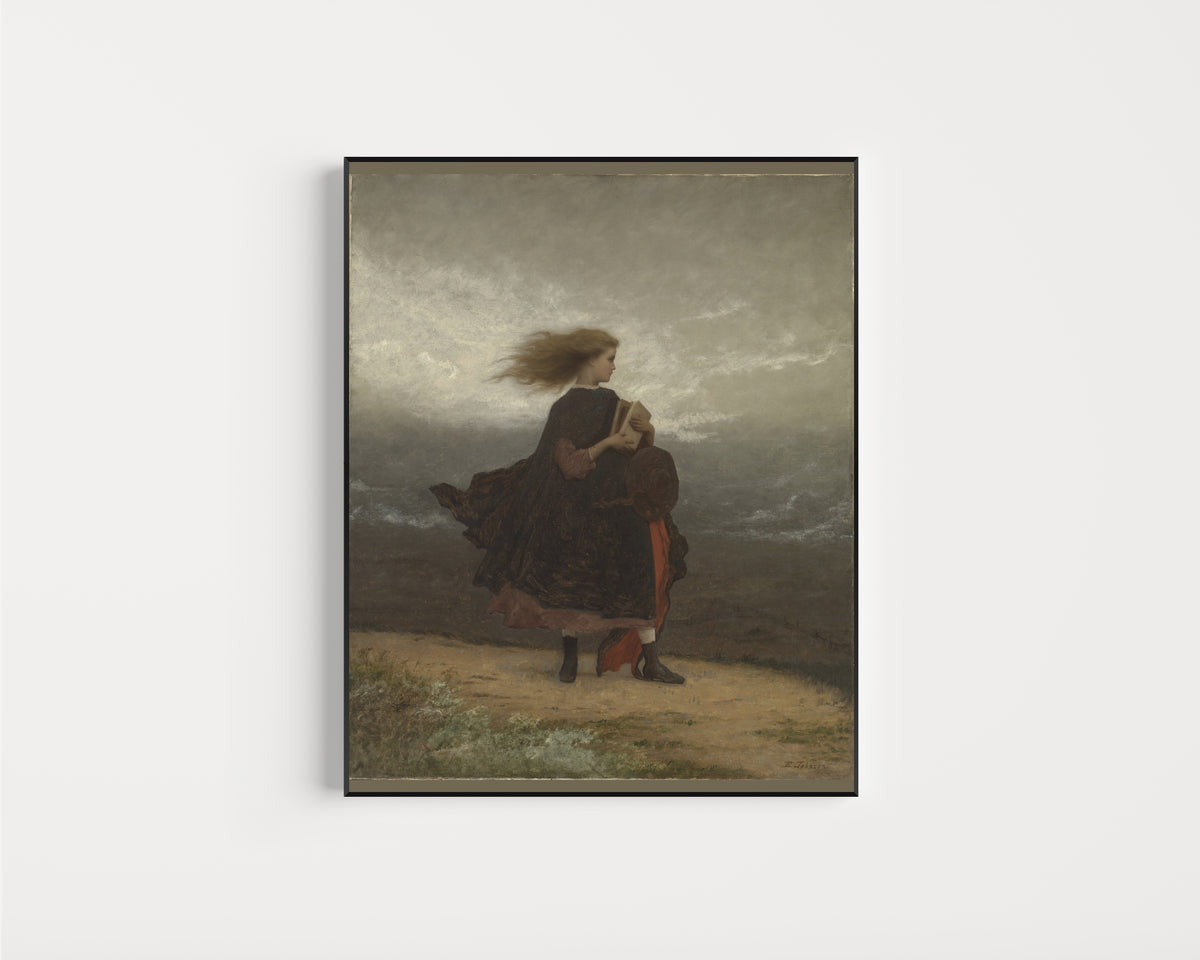 Framed art print of The Girl I Left Behind Me by Eastman Johnson, in a slim black frame on a plain white wall