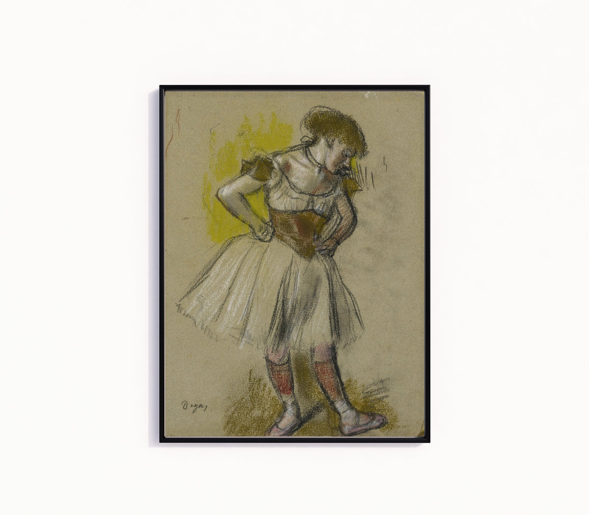 Framed art print of Danseuse (Hands on Hips) by Edgar Degas, in a slim black frame on a plain white wall