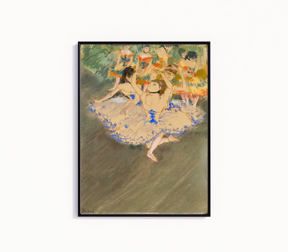Framed art print of Danseuses sur la scène by Edgar Degas, in a slim black frame on a plain white wall