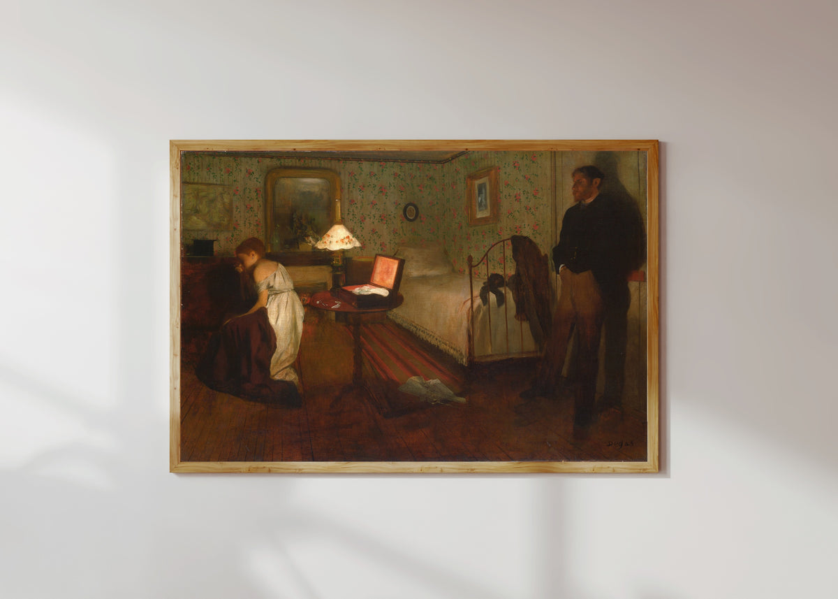 Framed art print of Interior by Edgar Degas, in a light wood frame on a sunlit white wall