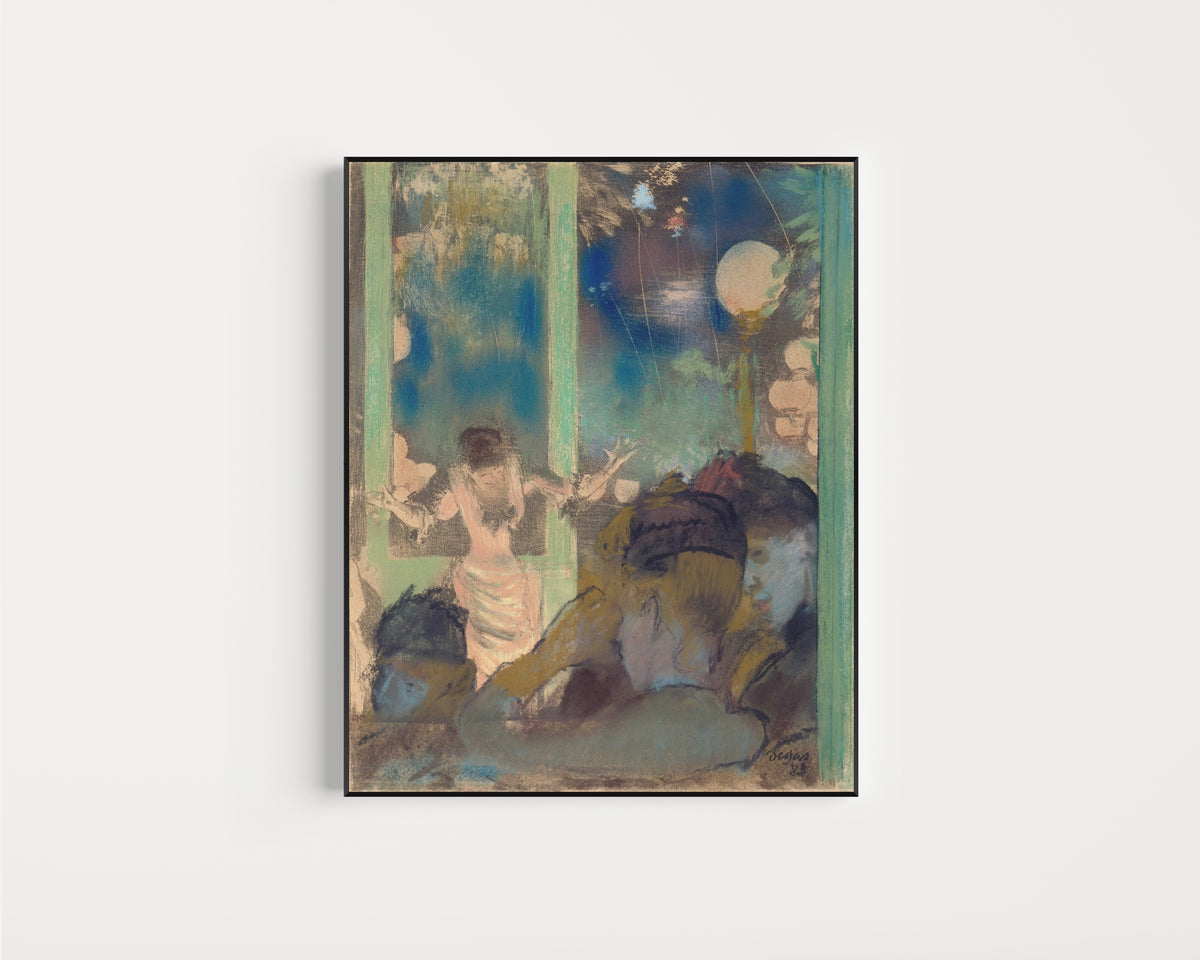 Framed art print of Mademoiselle Bécat at the Café des Ambassadeurs by Edgar Degas, in a slim black frame on a plain white wall