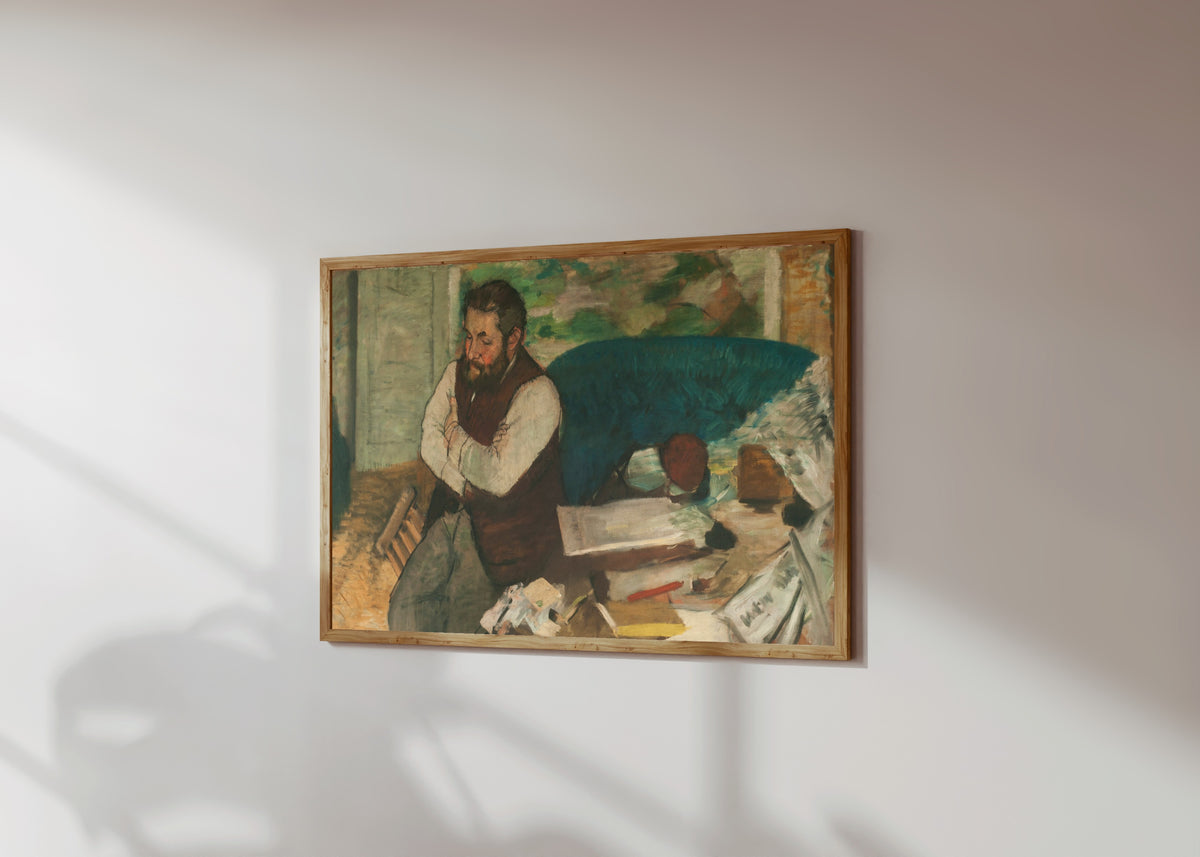 Framed art print of Portrait of Diego Martelli by Edgar Degas, in a light wood frame on a sunlit white wall, seen at a slight angle