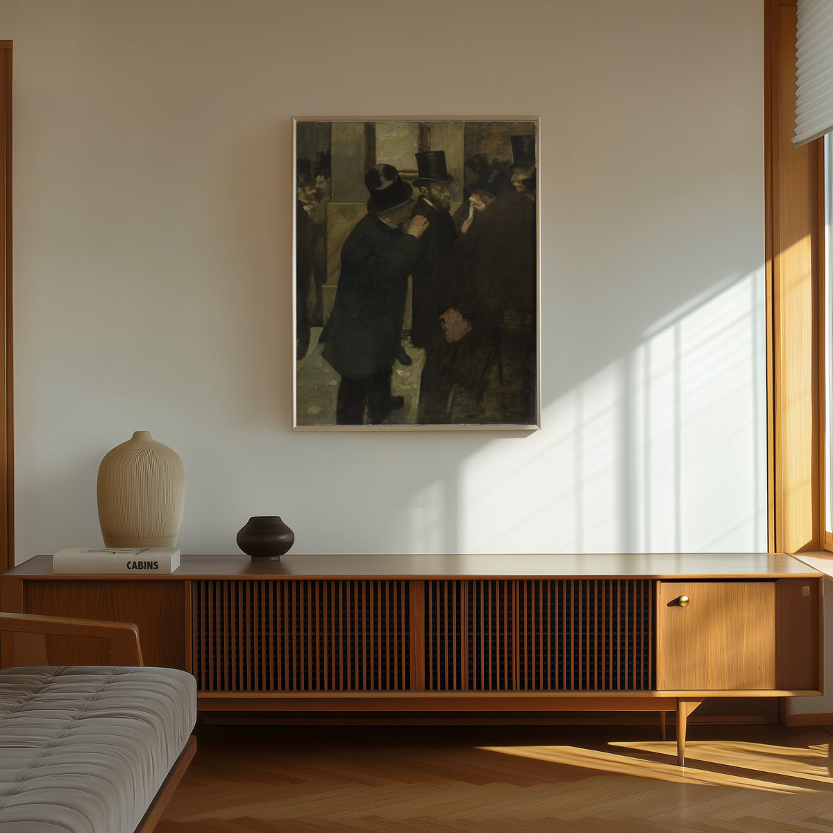Framed art print of Portraits at the Stock Exchange by Edgar Degas, in a thin light frame on a sunlit wall above a wooden sideboard