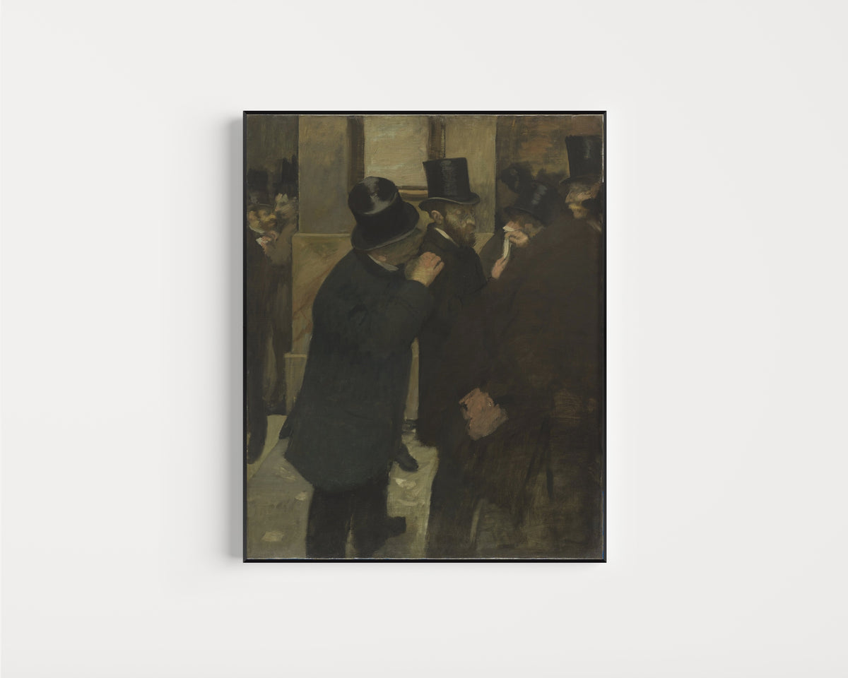 Framed art print of Portraits at the Stock Exchange by Edgar Degas, in a slim black frame on a plain white wall
