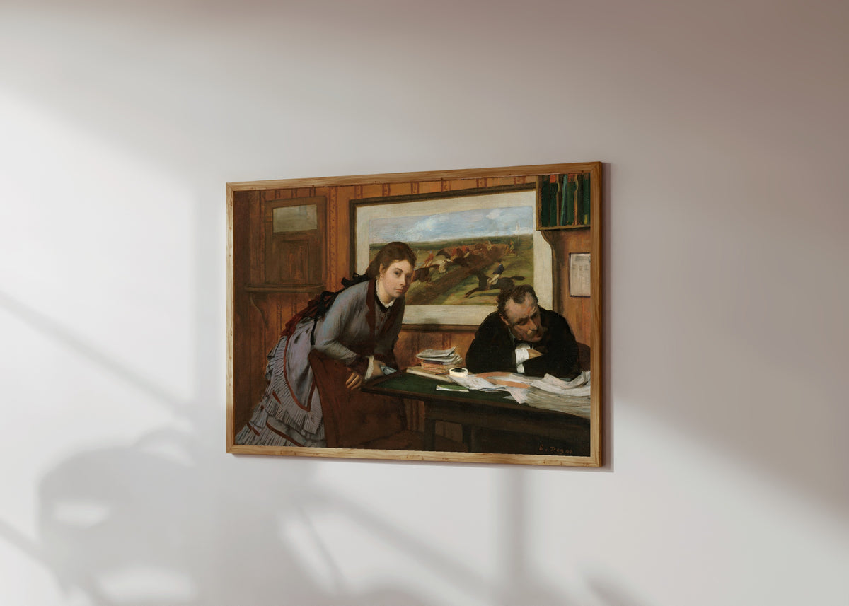 Framed art print of Sulking by Edgar Degas, in a light wood frame on a sunlit white wall, seen at a slight angle