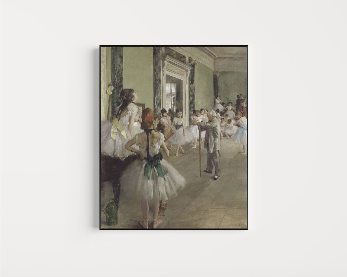 Framed art print of The Ballet Class by Edgar Degas, in a slim black frame on a plain white wall