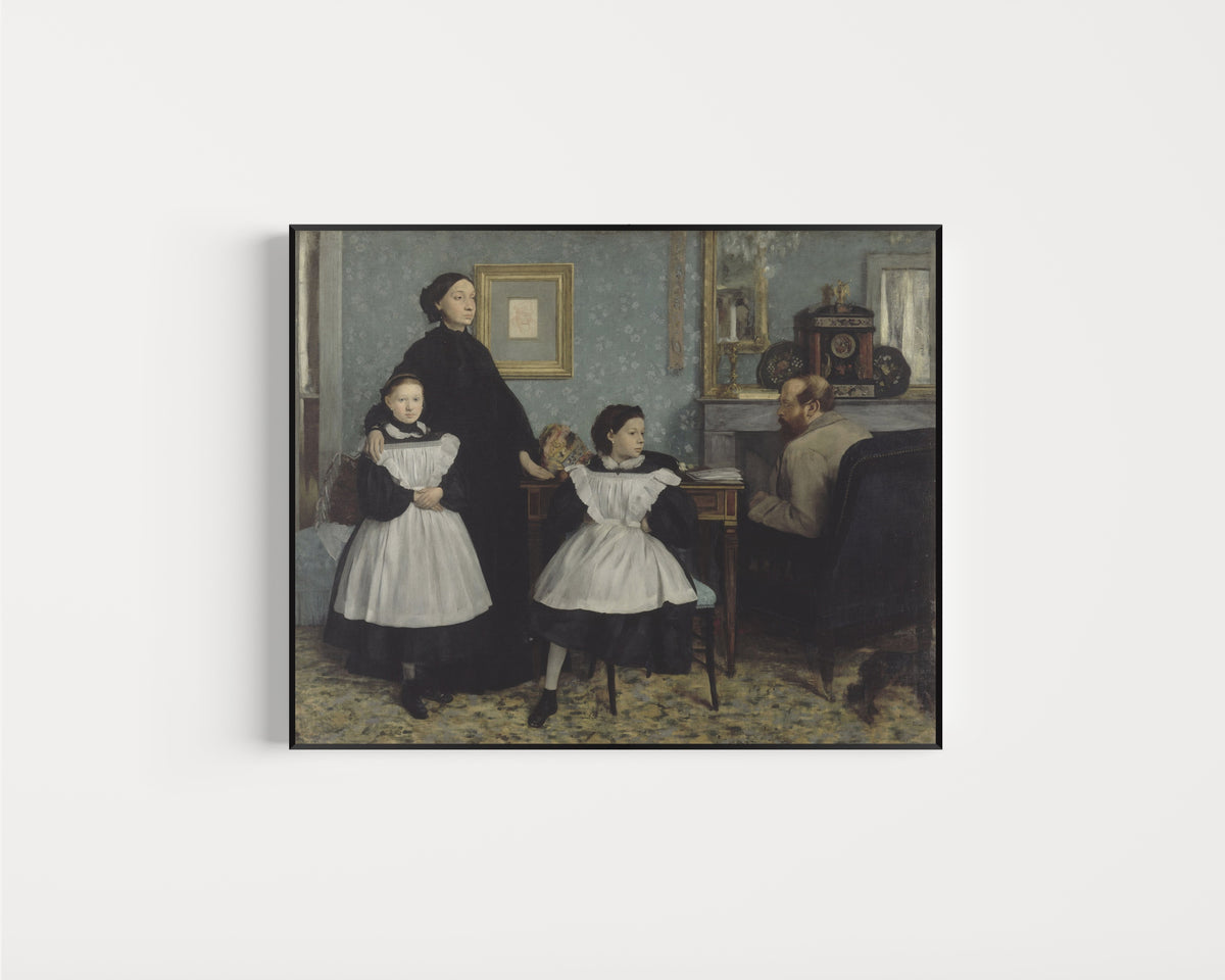 Framed art print of The Bellelli Family by Edgar Degas, in a slim black frame on a plain white wall