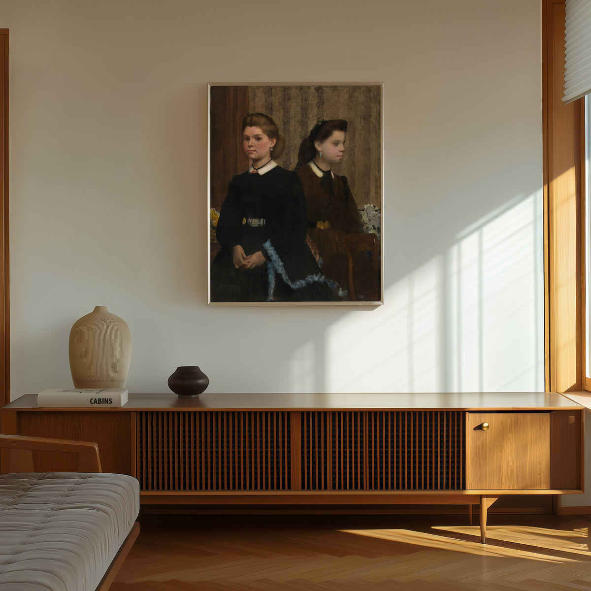 Framed art print of The Bellelli Sisters (Giovanna and Giuliana Bellelli) by Edgar Degas, in a thin light frame on a sunlit wall above a wooden sideboard