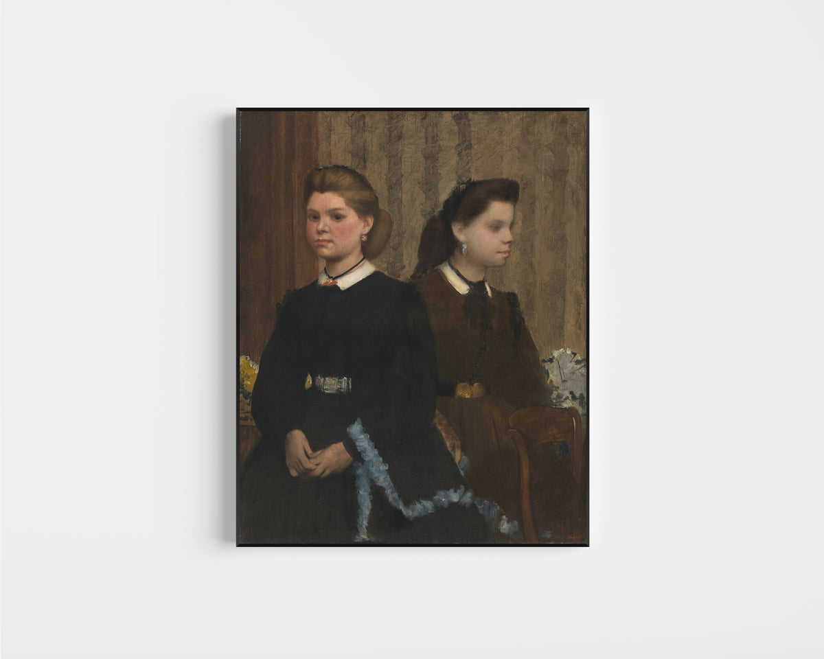 Framed art print of The Bellelli Sisters (Giovanna and Giuliana Bellelli) by Edgar Degas, in a slim black frame on a plain white wall
