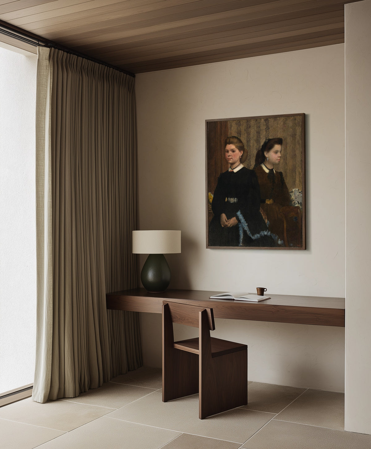 Framed art print of The Bellelli Sisters (Giovanna and Giuliana Bellelli) by Edgar Degas, in a dark wood frame on a plaster wall above a walnut desk