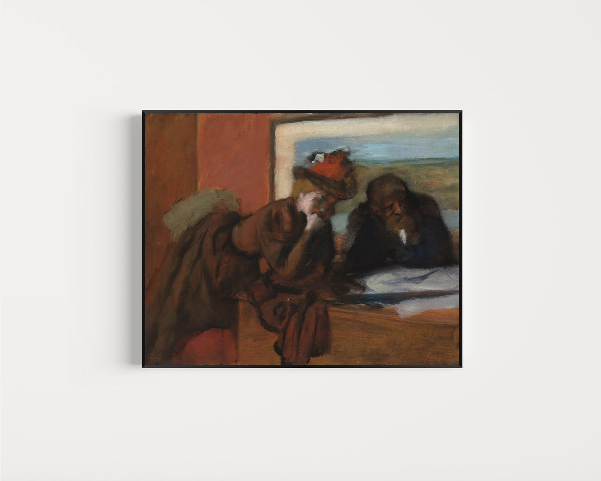 Framed art print of The Conversation by Edgar Degas, in a slim black frame on a plain white wall