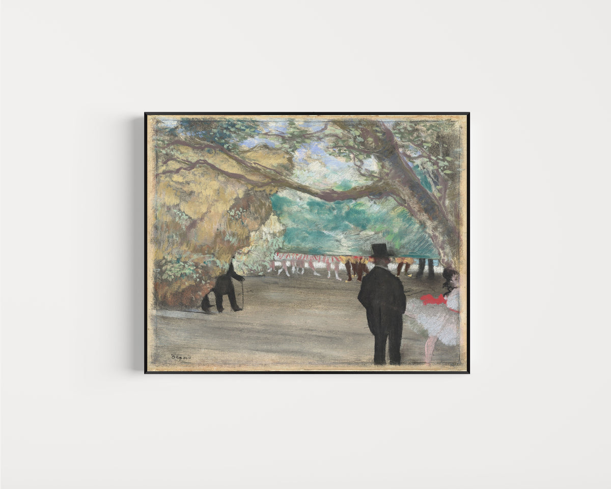 Framed art print of The Curtain by Edgar Degas, in a slim black frame on a plain white wall