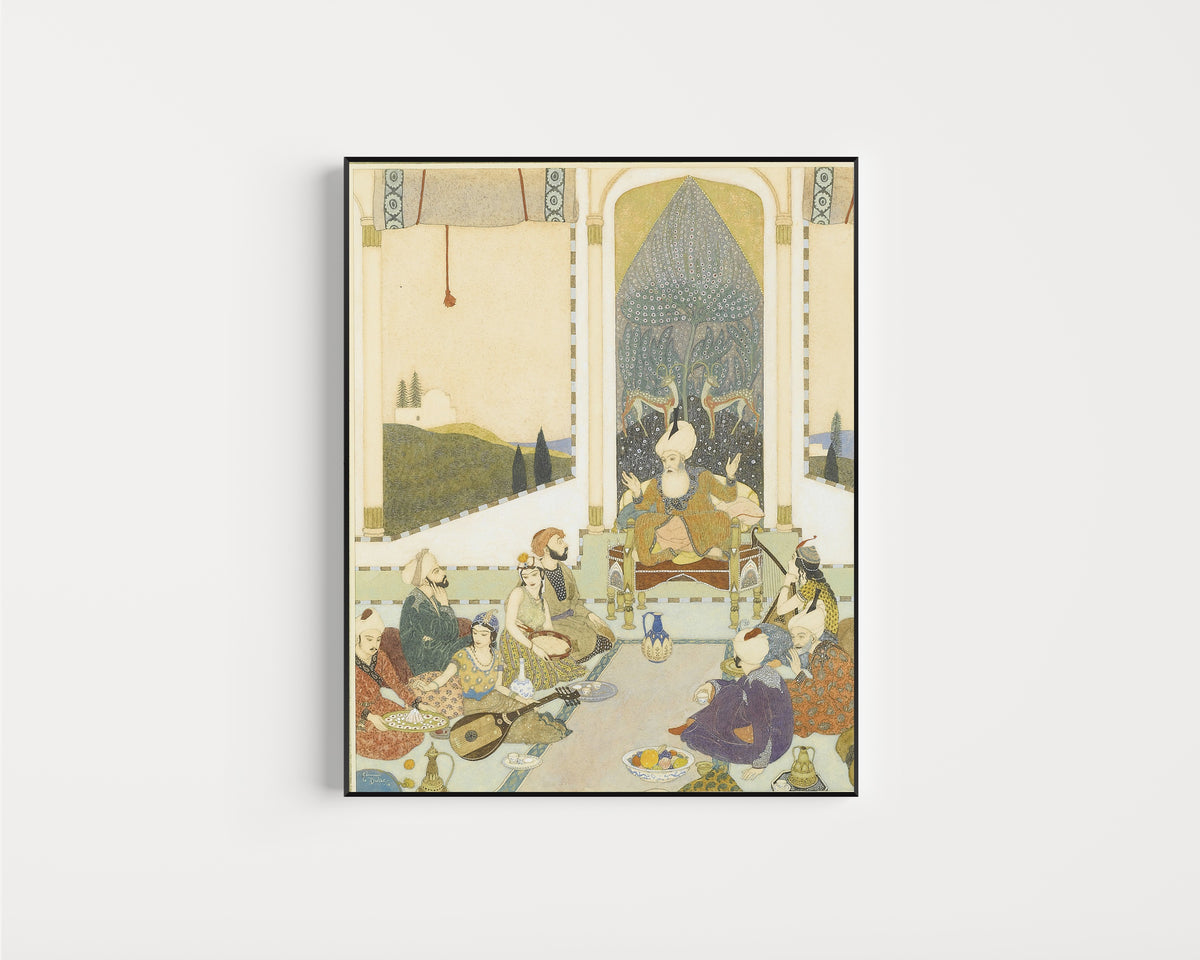 Framed art print of Sindbad the Sailor Entertains Sindbad the Landsman by Edmund Dulac, in a slim black frame on a plain white wall