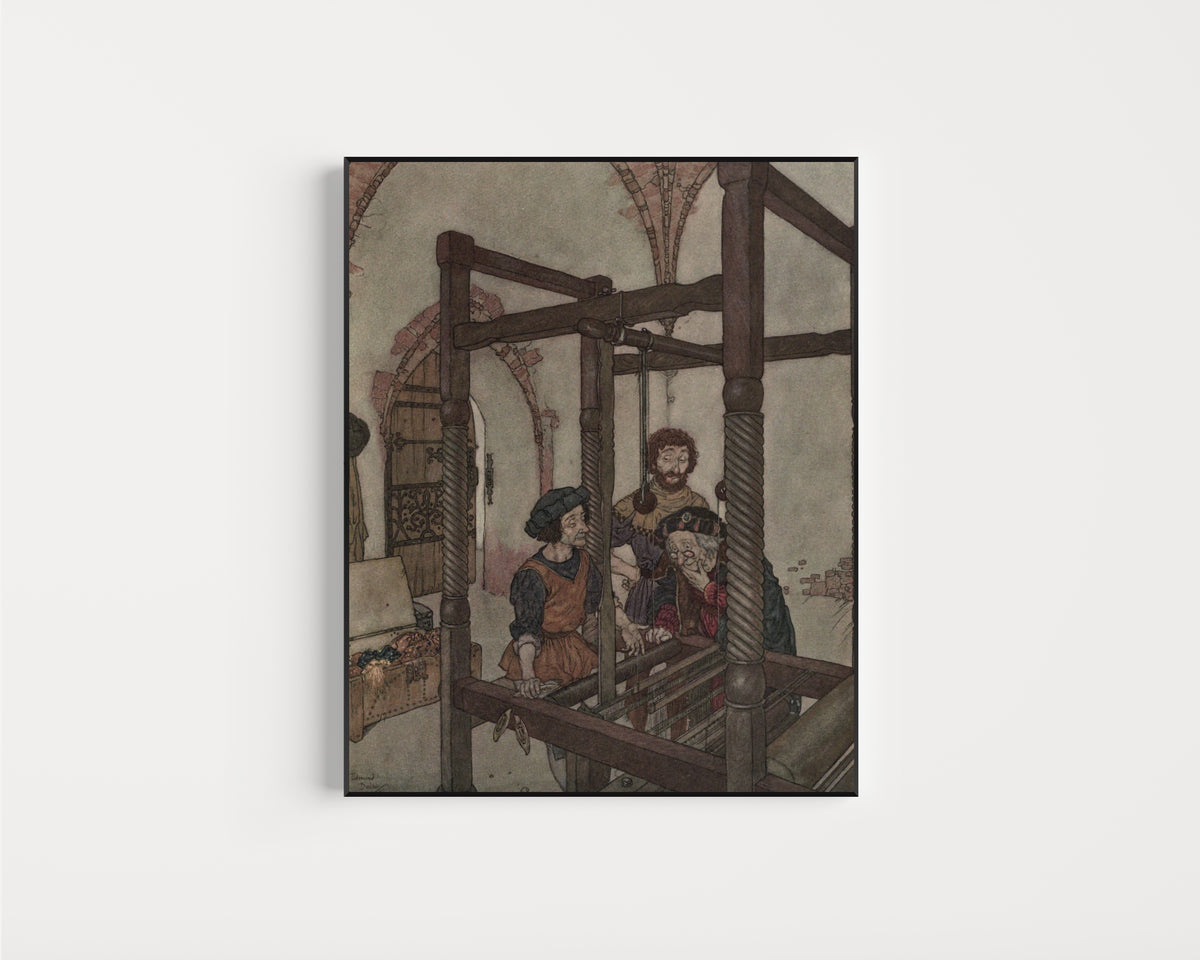 Framed art print of Stories from Hans Andersen: The Poor Old Minister Stared as Hard as He Could by Edmund Dulac, in a slim black frame on a plain white wall