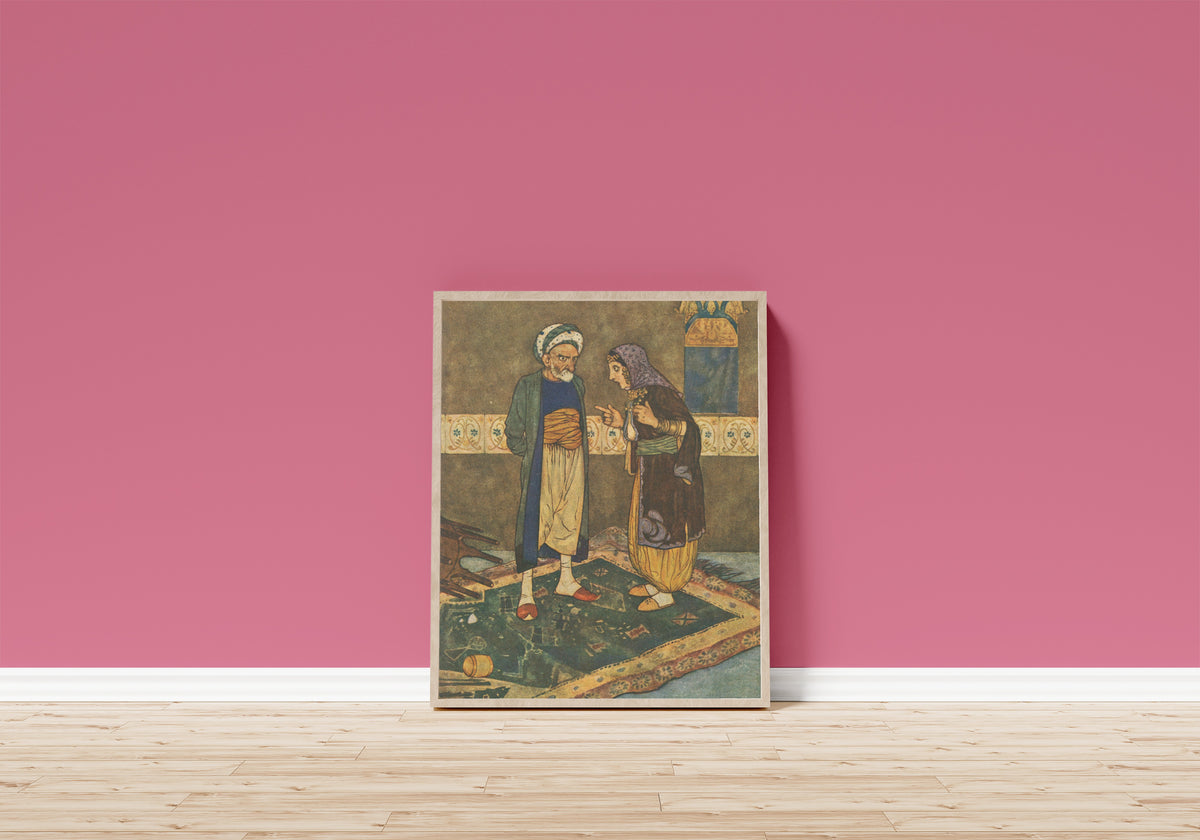 Framed art print of Stories from the Arabian Nights: As Soon as He Came In… by Edmund Dulac, in a light wood frame leaning on a pink wall above a wooden floor