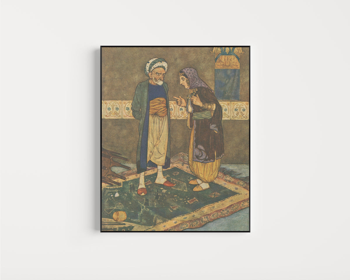 Framed art print of Stories from the Arabian Nights: As Soon as He Came In She Began to Jeer at Him by Edmund Dulac, in a slim black frame on a plain white wall