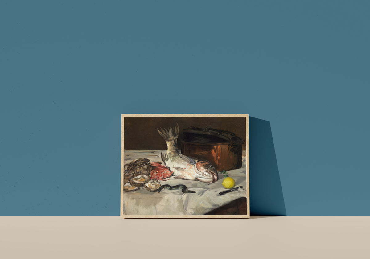 Framed art print of Fish (Still Life) by Édouard Manet, in a light wood frame leaning on a blue wall