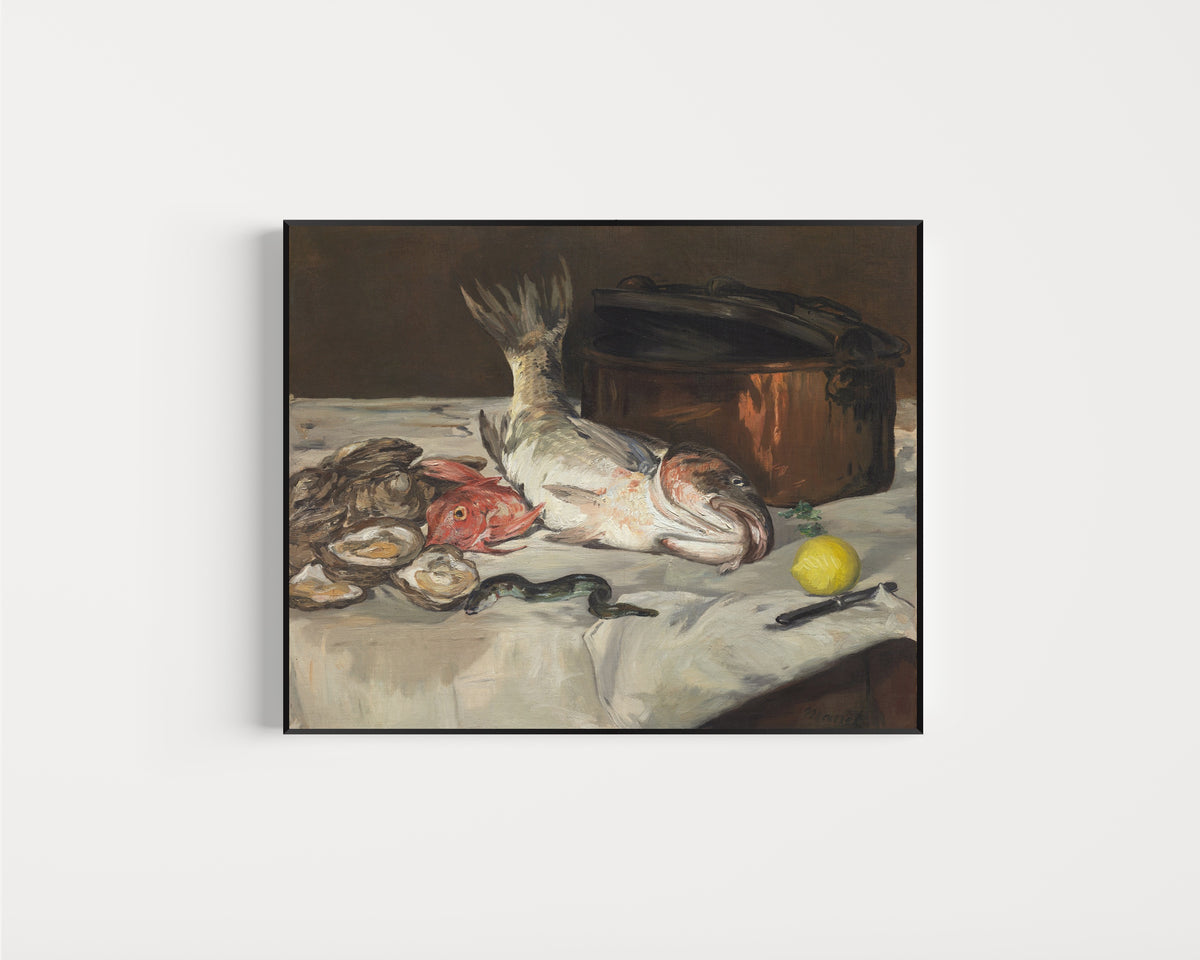 Framed art print of Fish (Still Life) by Édouard Manet, in a slim black frame on a plain white wall